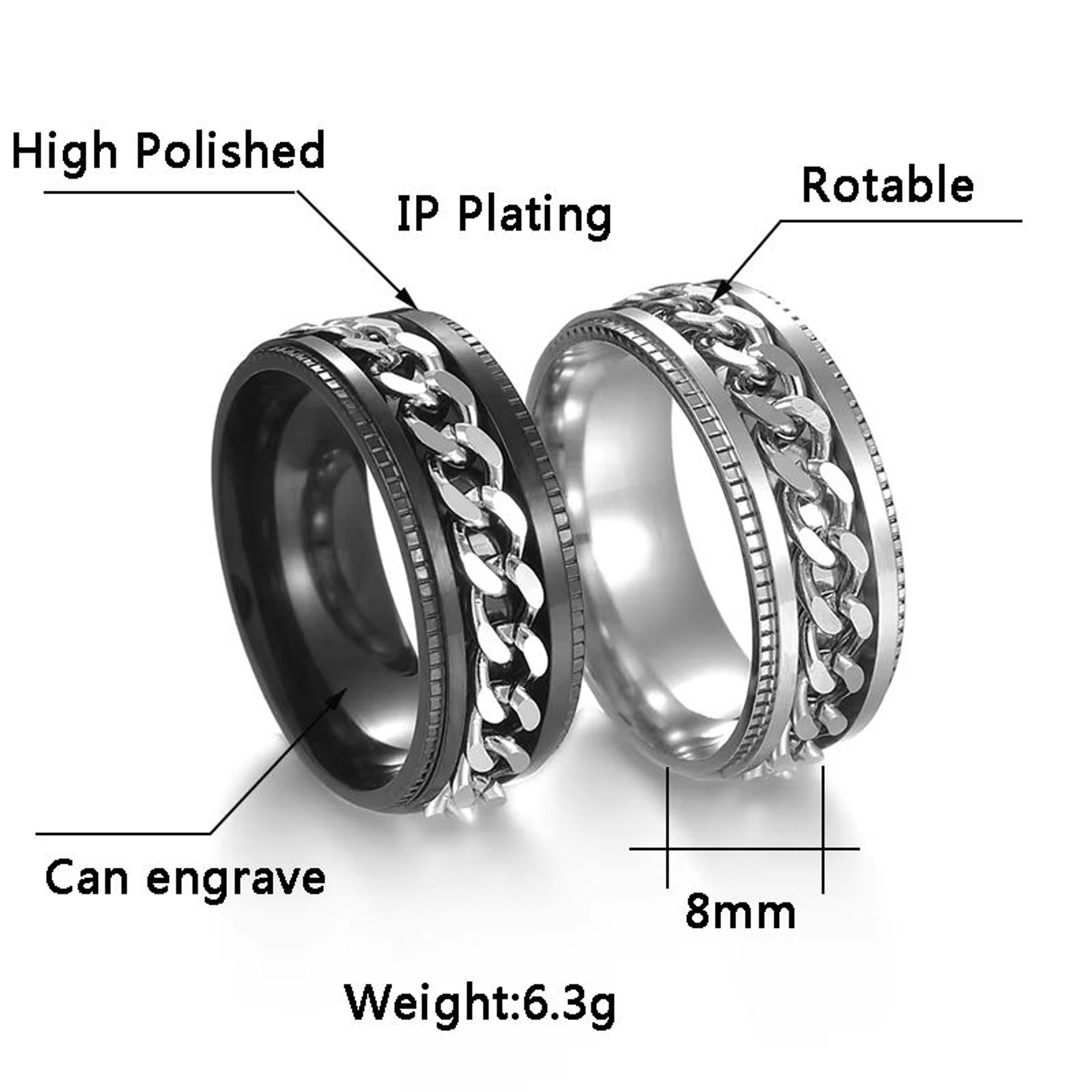 Stainless Steel Chain Spinner Ring For Men And Women Punk Style Fidget Jewelry 1