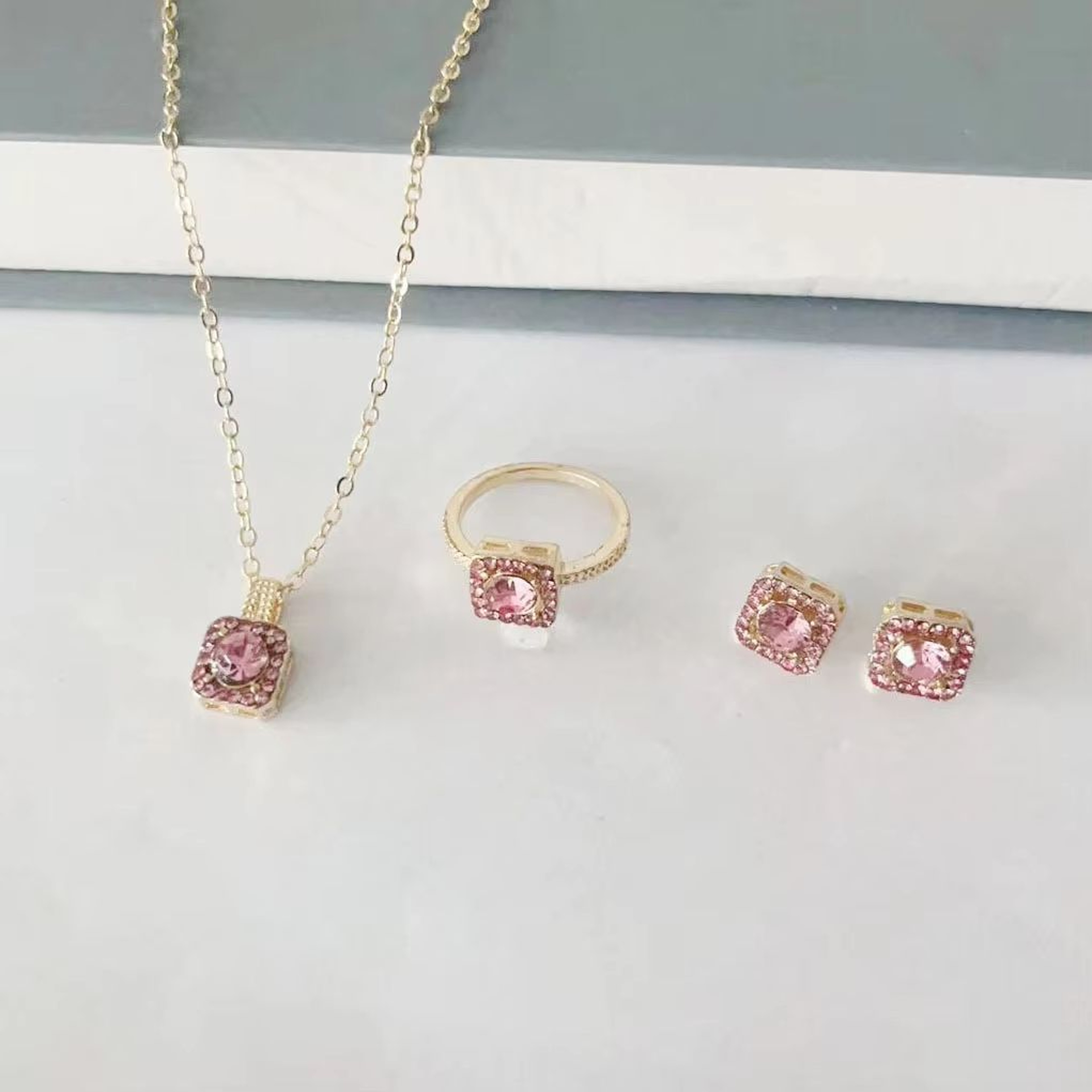 Luxury Cube Necklace Earrings And Ring Jewelry Set For Women 2
