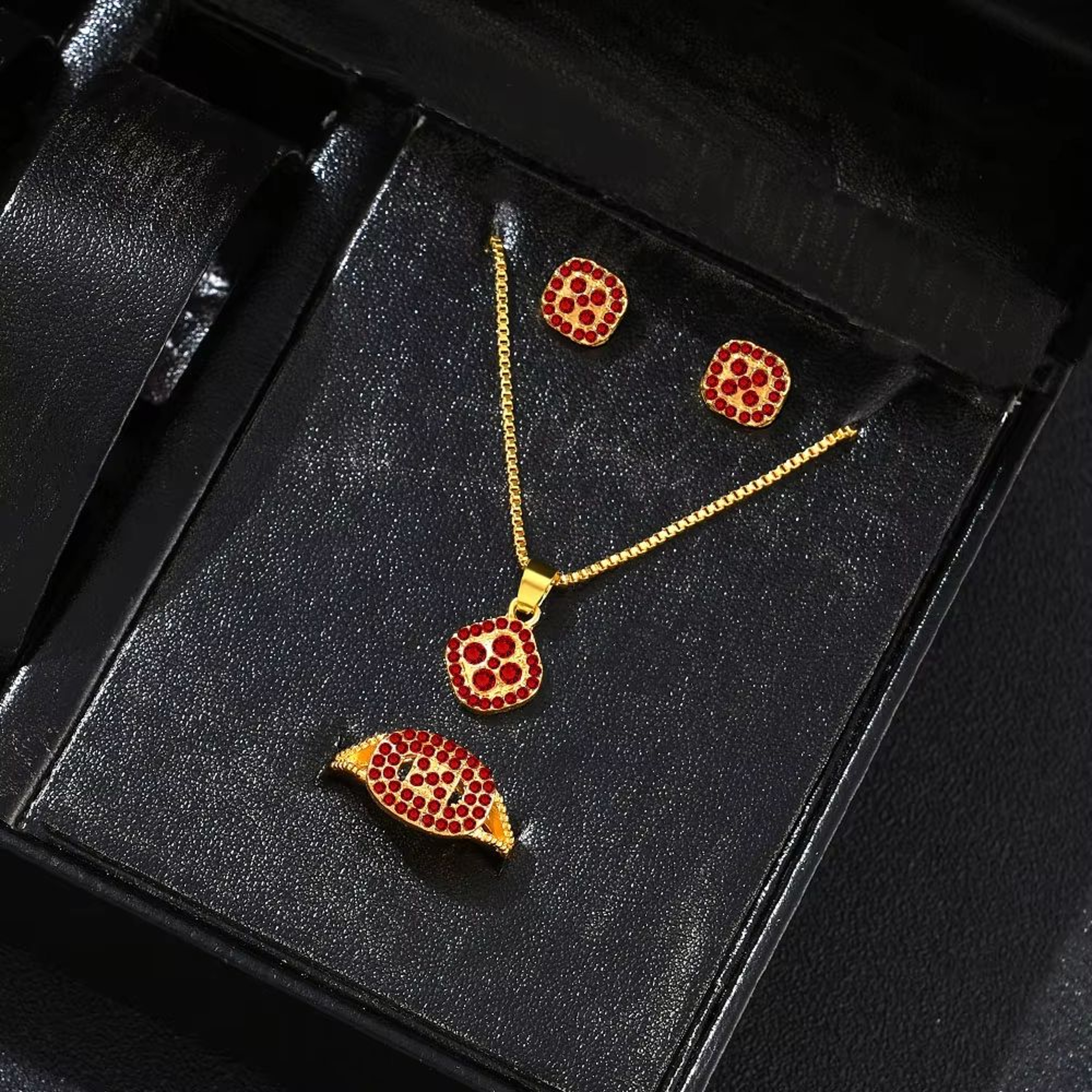 Luxury Cube Necklace Earrings And Ring Jewelry Set For Women 9