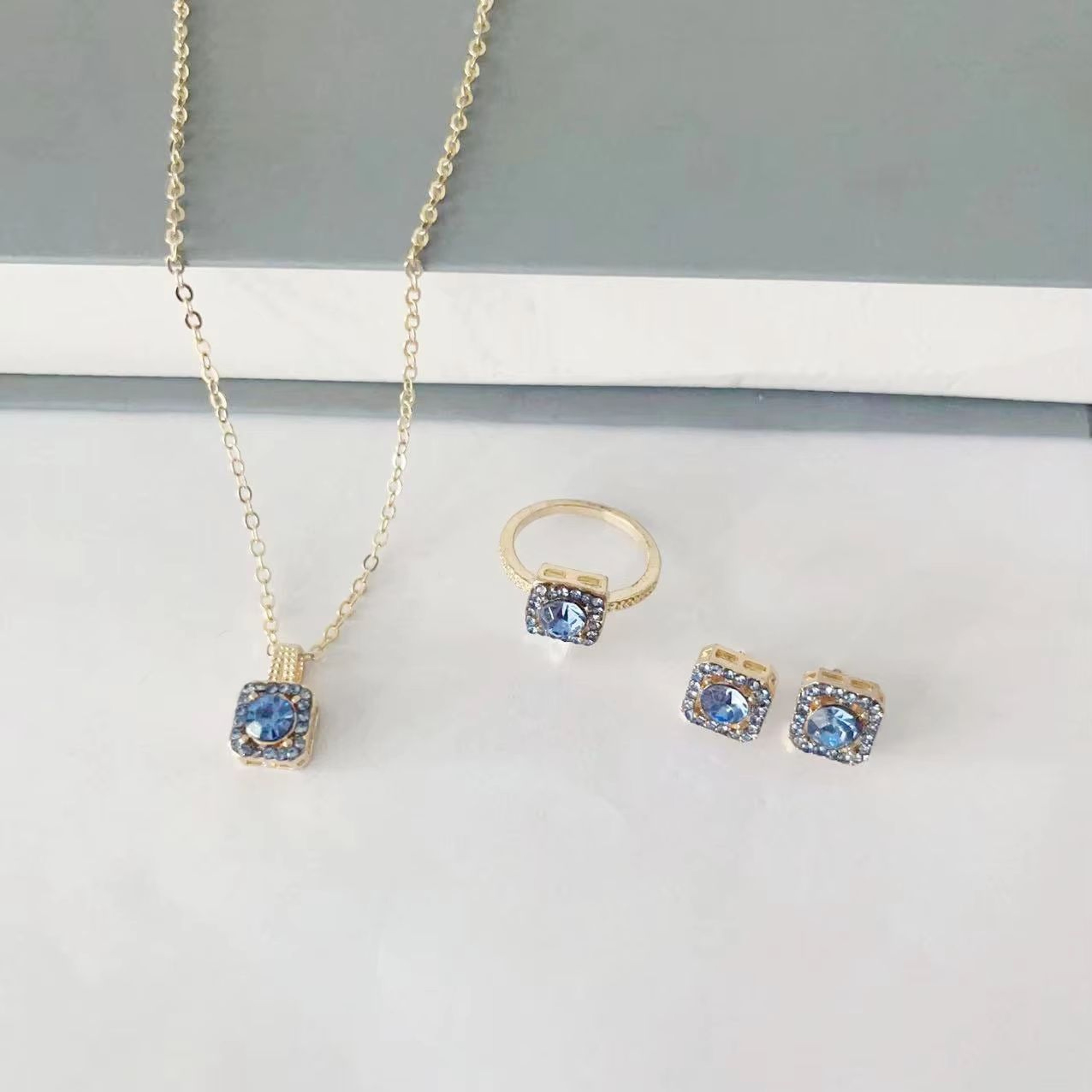 Luxury Cube Necklace Earrings And Ring Jewelry Set For Women 18