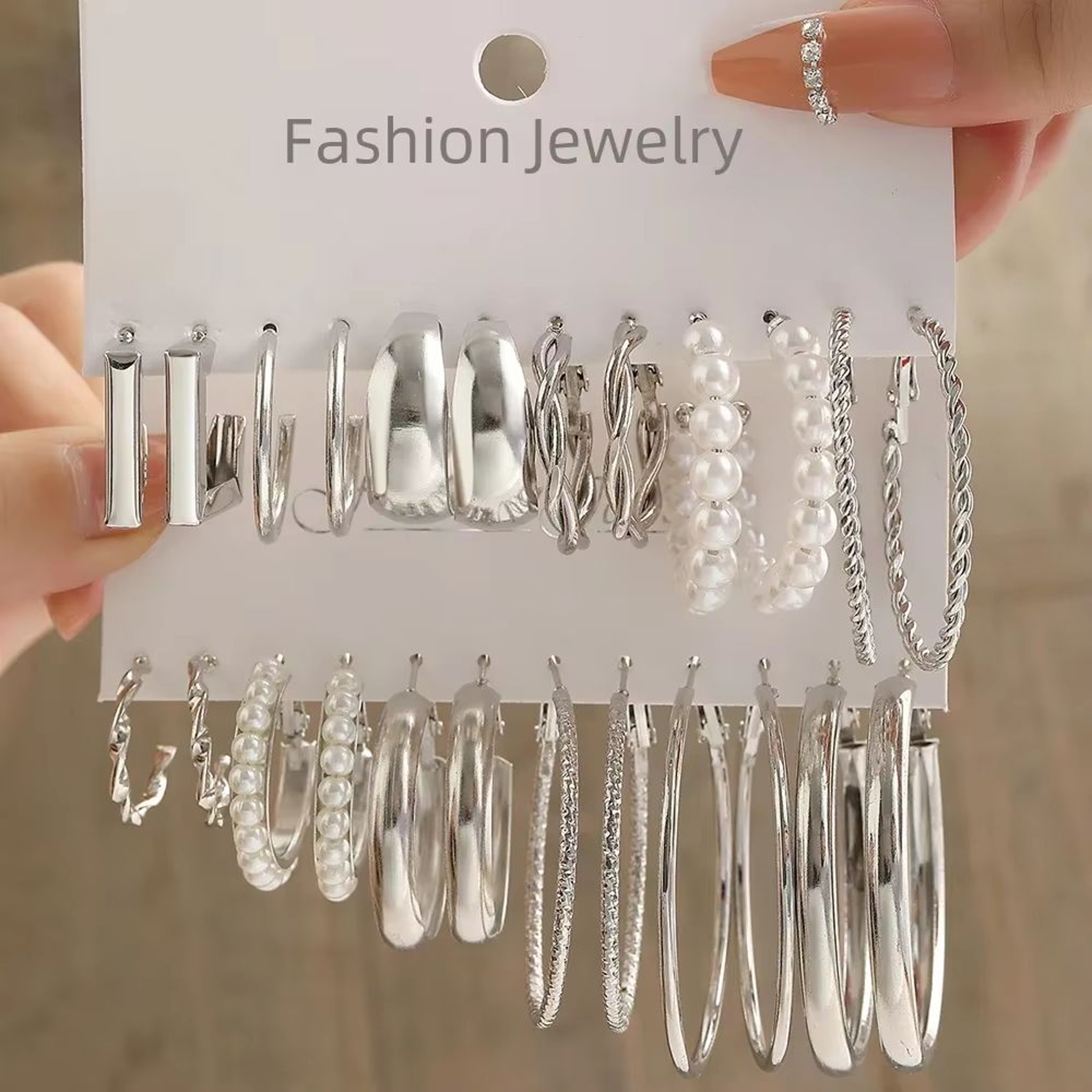 Vintage Silver Y2K Pearl Hoop Earrings Set For Women 24 Pcs 0