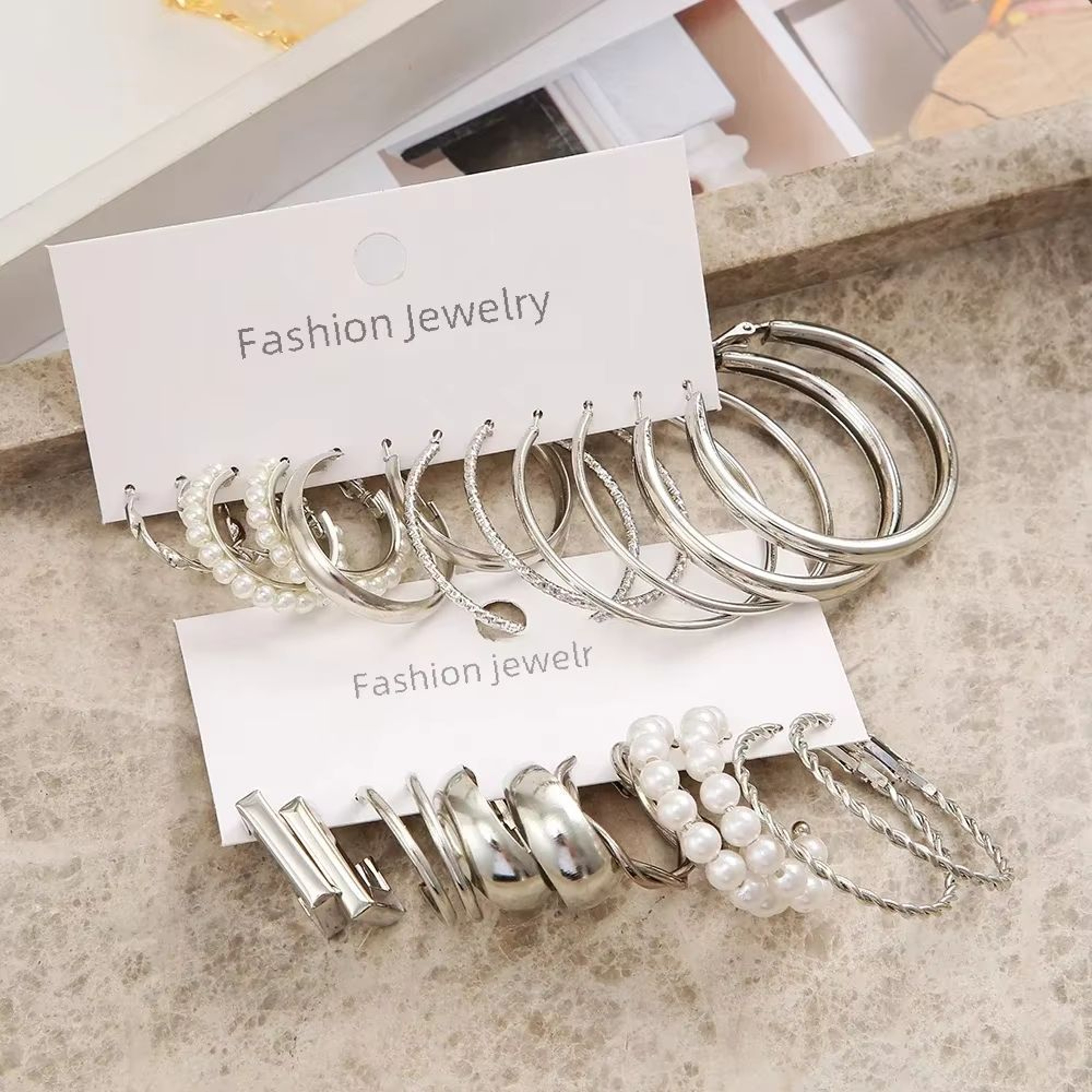 Vintage Silver Y2K Pearl Hoop Earrings Set For Women 24 Pcs 2