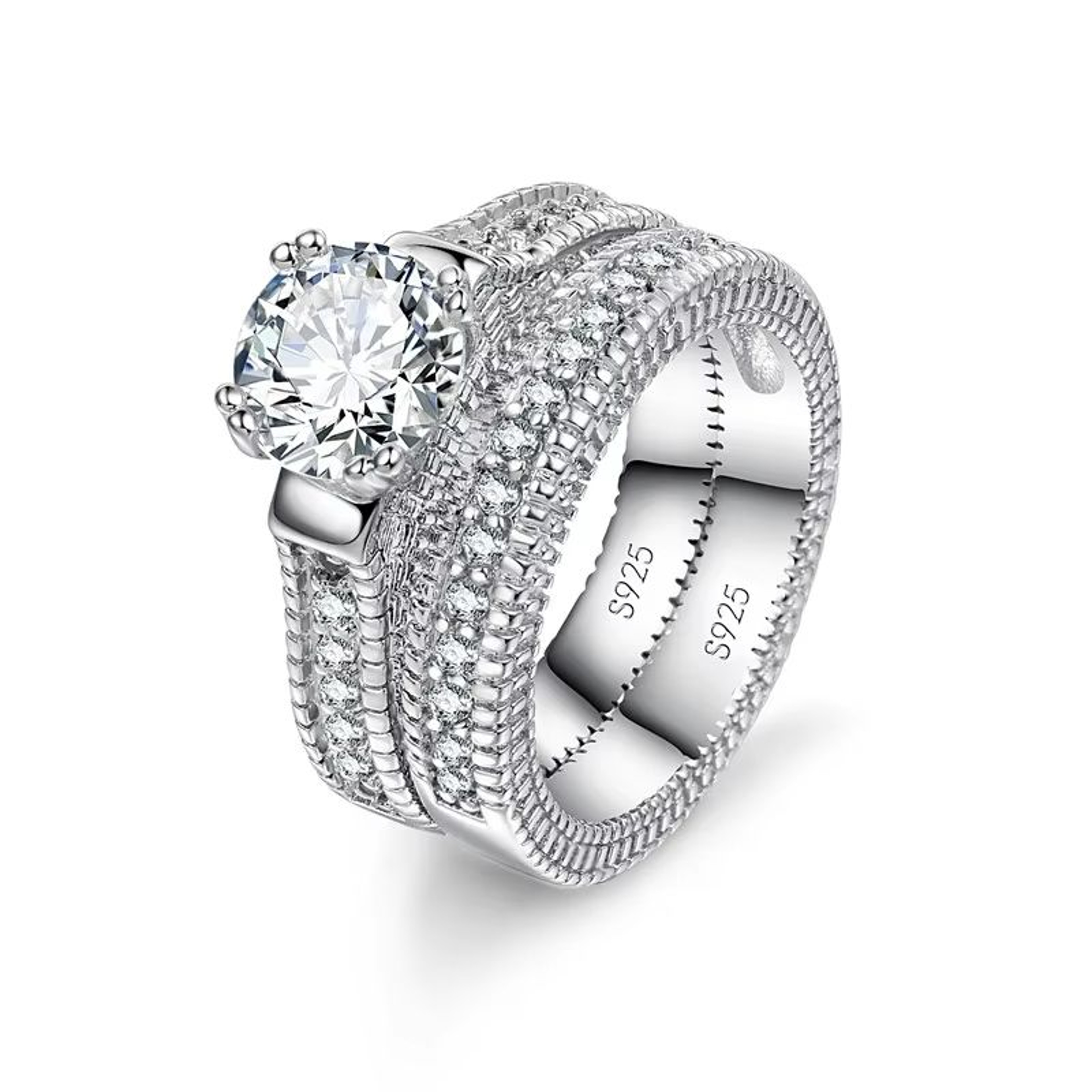 Elegant 925 Silver Wedding Engagement Couple Rings Set 0
