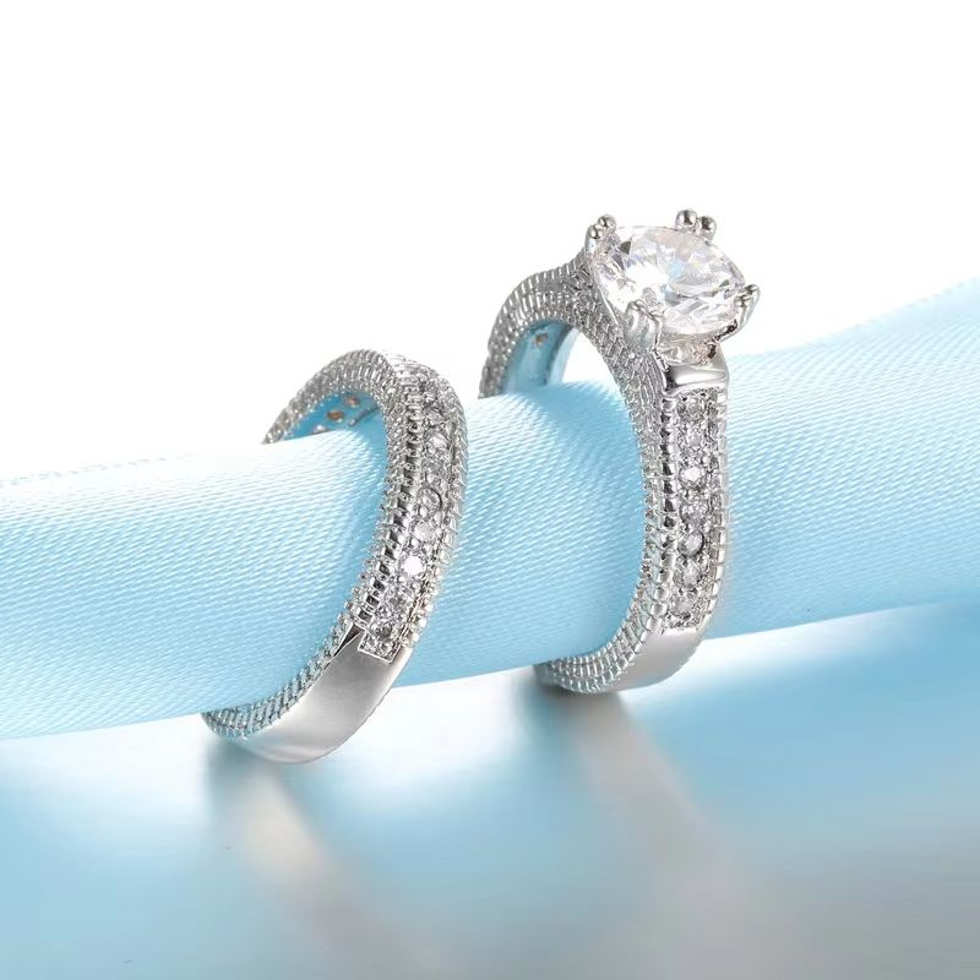 Elegant 925 Silver Wedding Engagement Couple Rings Set 1