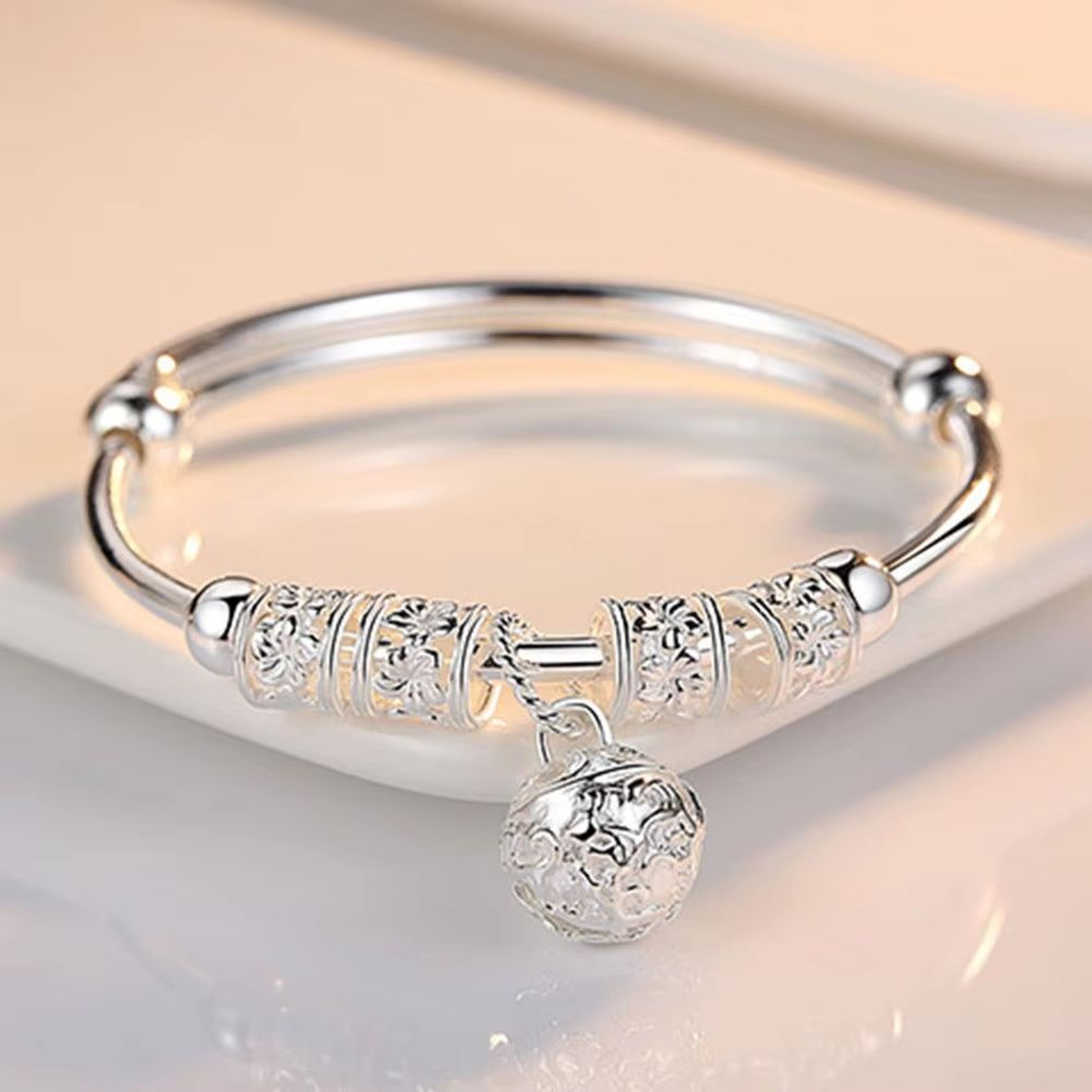 Fine Silver Hollow Bells Adjustable Bangle Bracelet For Women 0