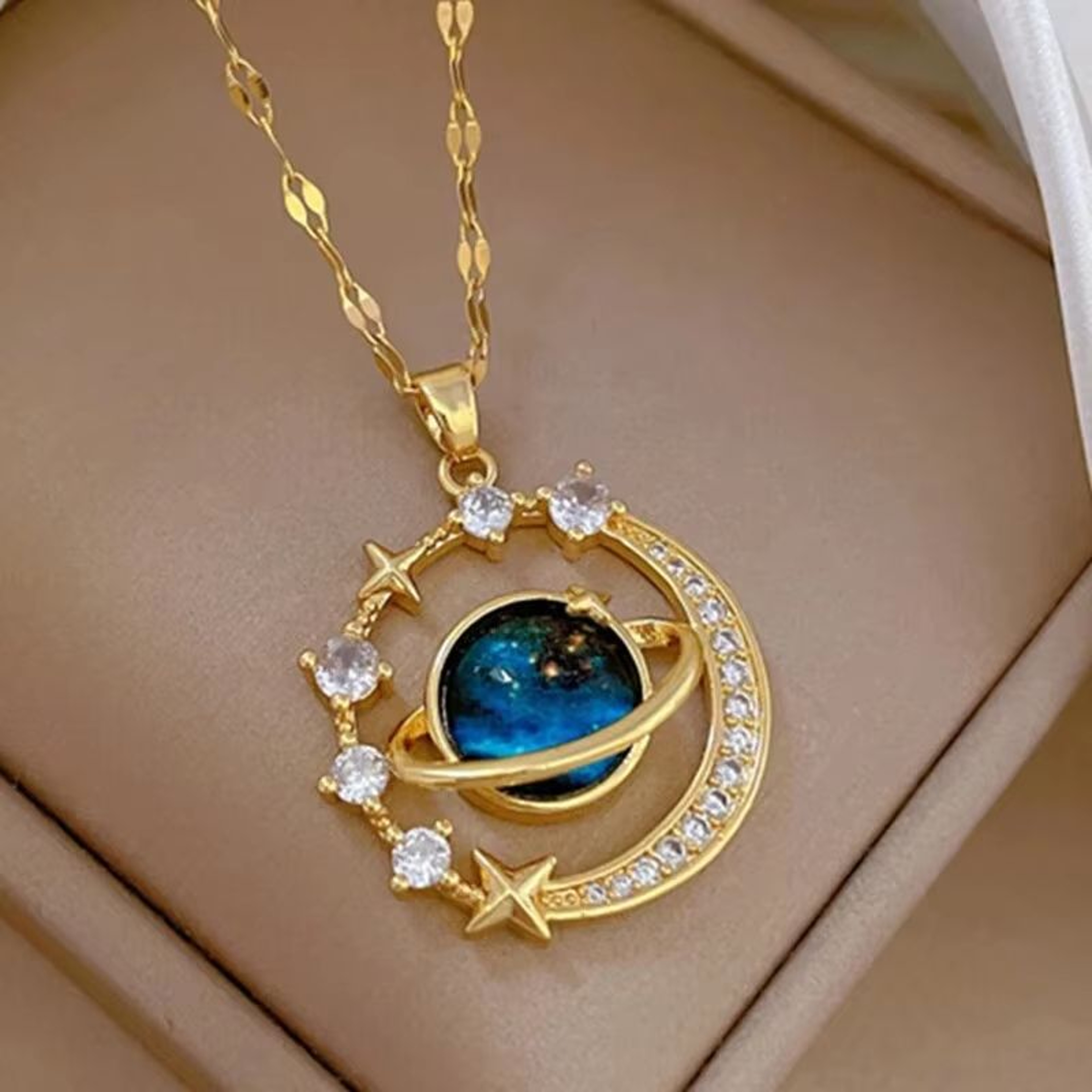 Starry Dream Astronaut Planet Moon Titanium Steel Necklace for Women – view 1