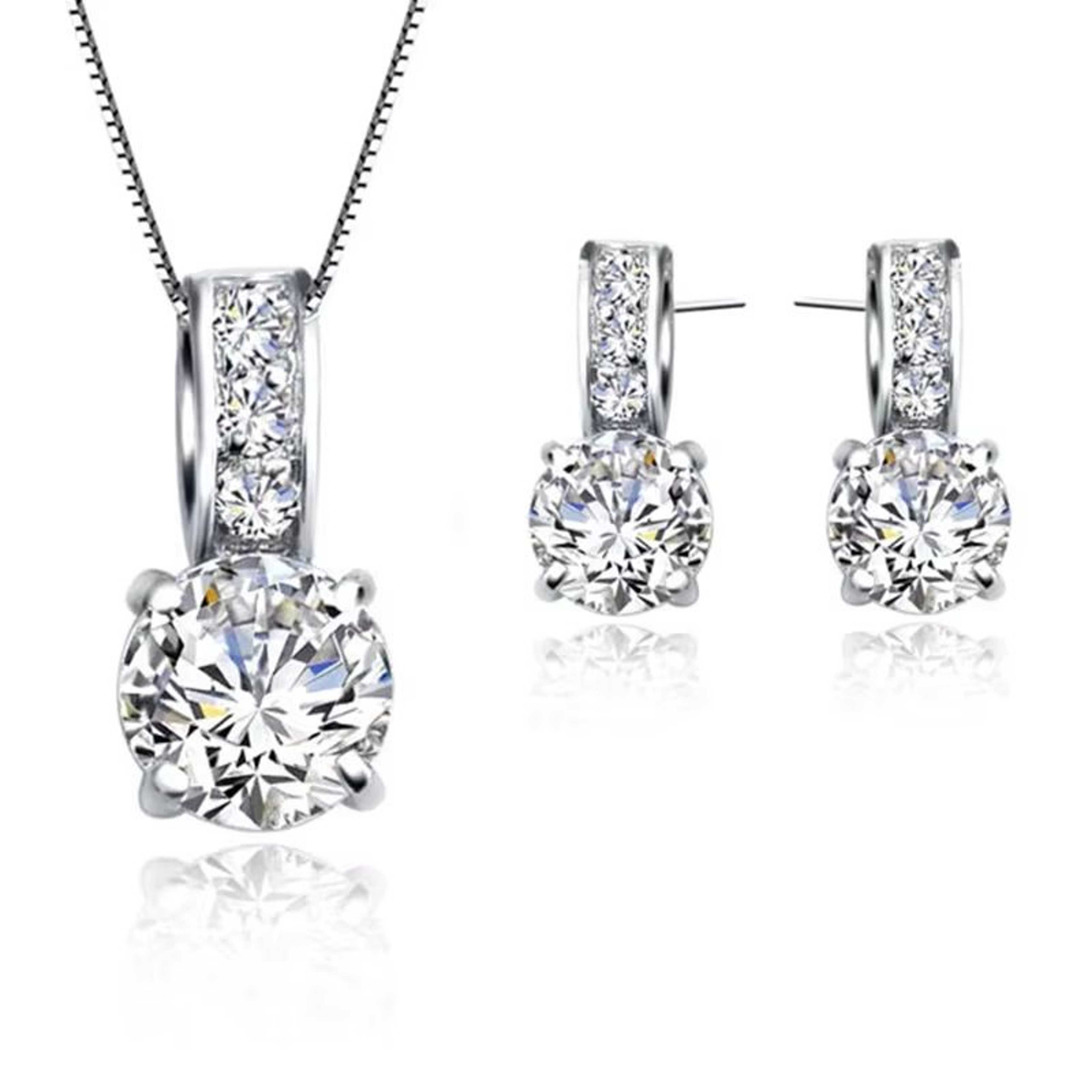 Classic Bridal Jewelry Set For Women  Sterling Silver Color Cubic Zirconia Necklace  Crystal Stud E 0