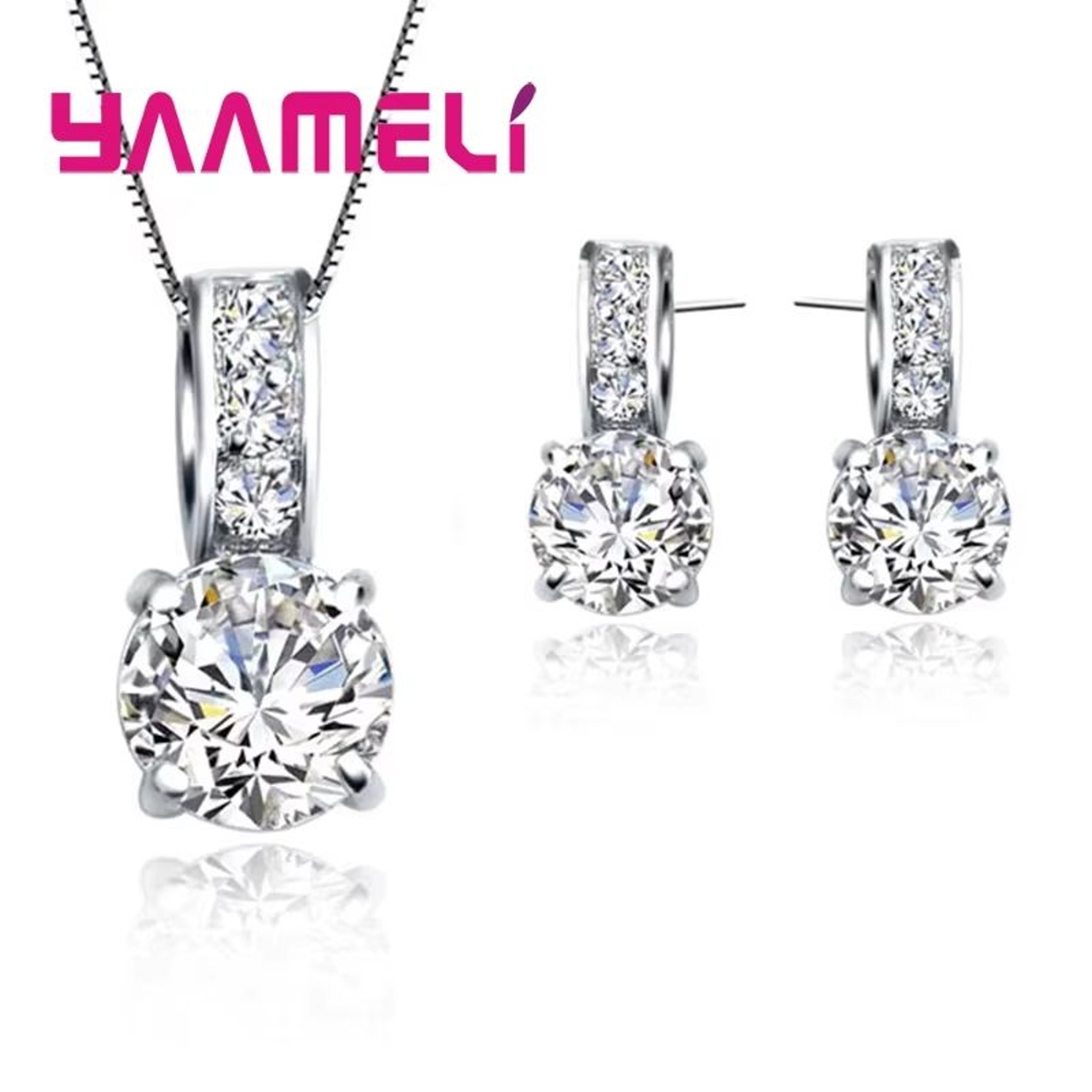Classic Bridal Jewelry Set For Women  Sterling Silver Color Cubic Zirconia Necklace  Crystal Stud E 1