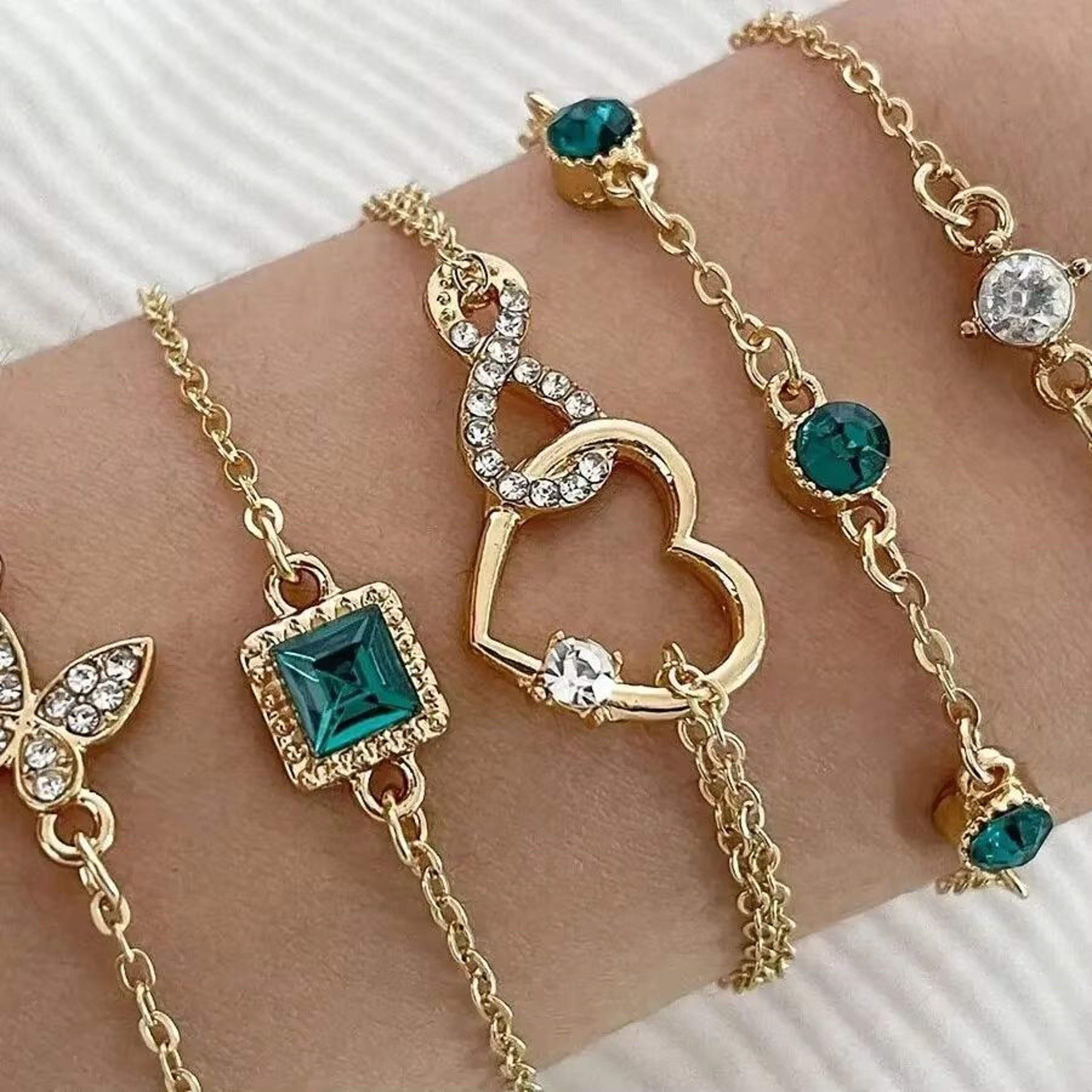 5 Piece Heart Bracelet Set For Women  Green Crystal Bracelet And Butterfly Bracelet Gold Color Stac 0