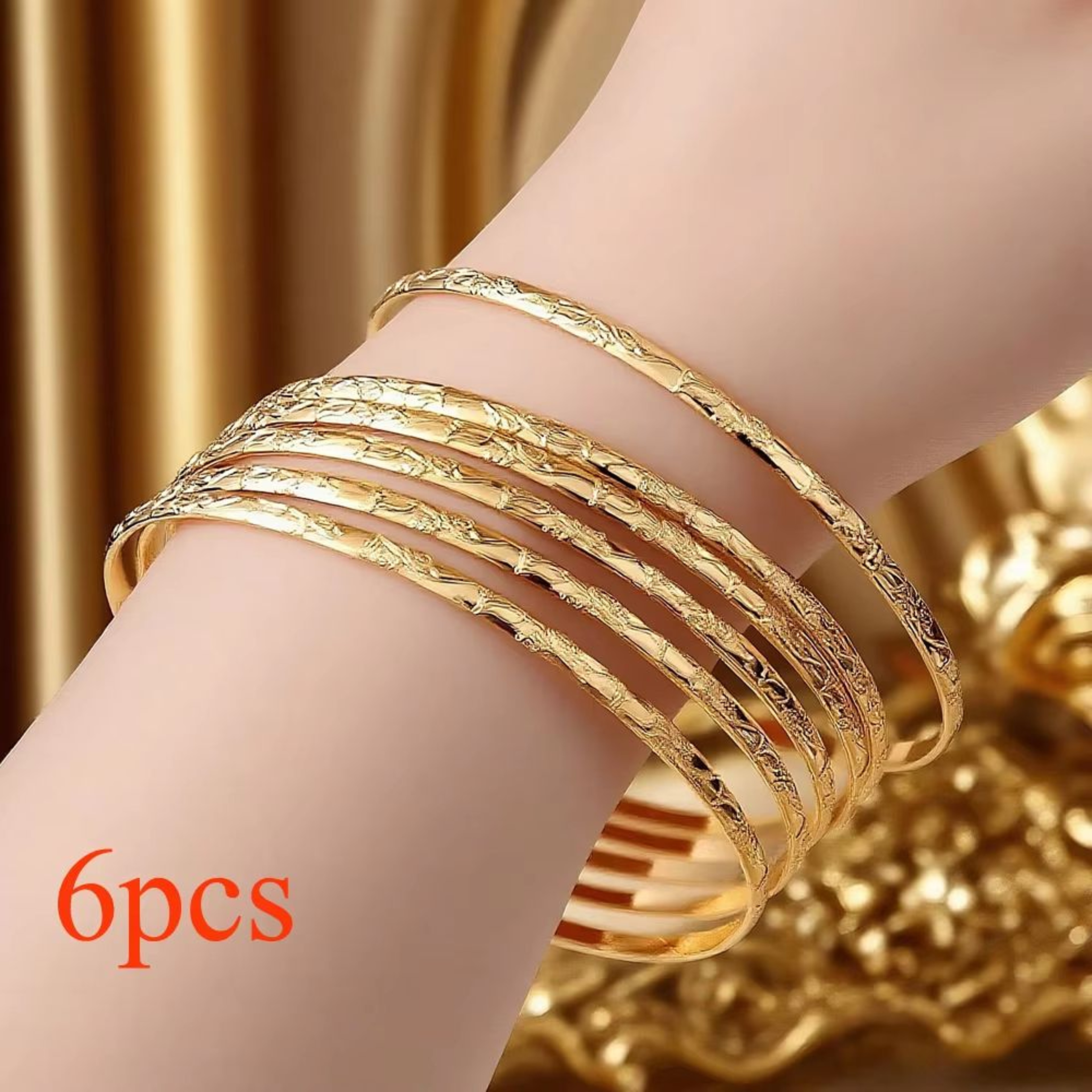 Herseygold Slim Gold Bangle Bracelet Set  Carved Flower Layered Cuff For Brides  Everyday Elegance 6