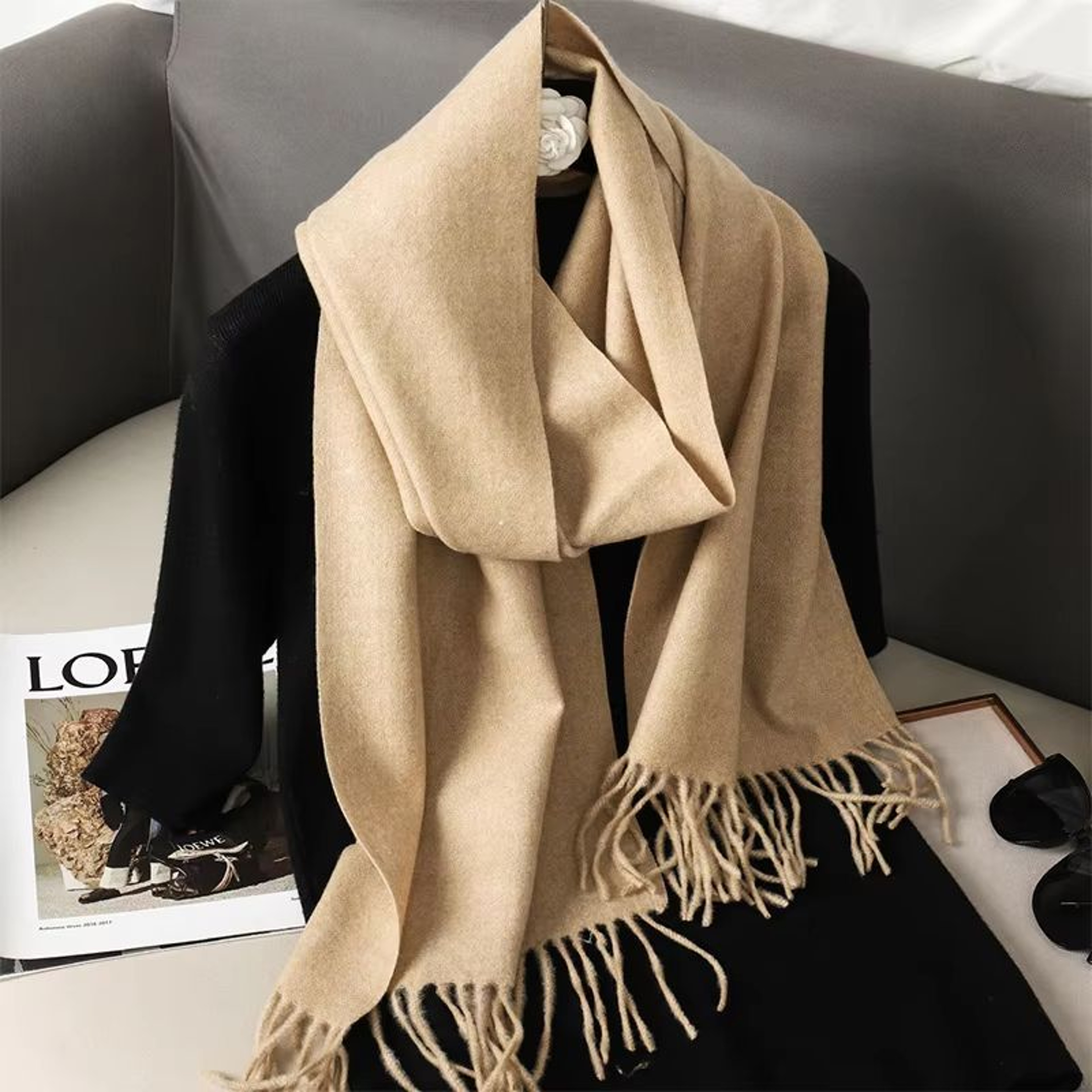 Solid Color Thick Cashmere Feel Winter Scarf With Tassels For Women 14