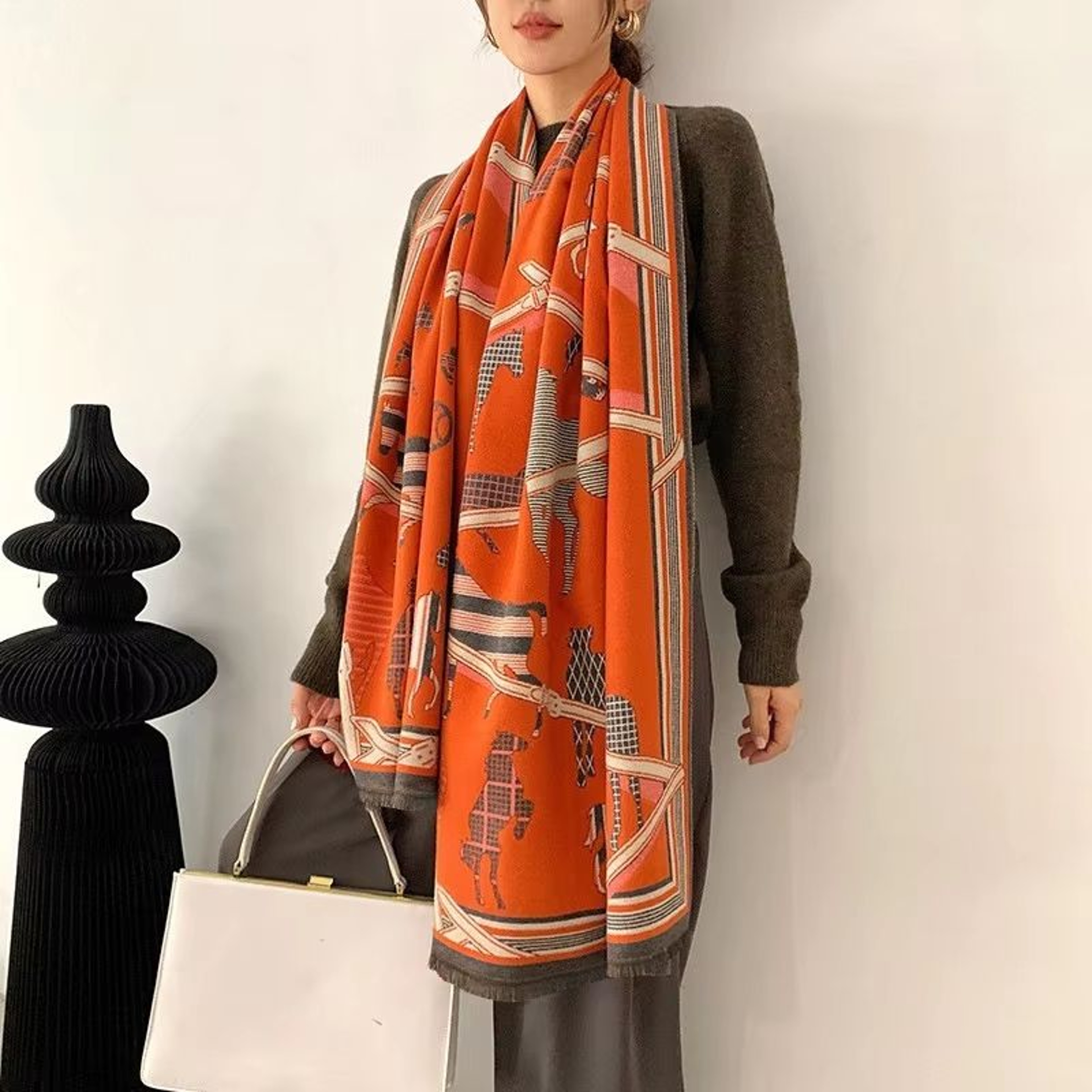 Equestrian Luxe CashmereLook Scarf  Horse Print Womens Thick Winter Shawl Wrap 16