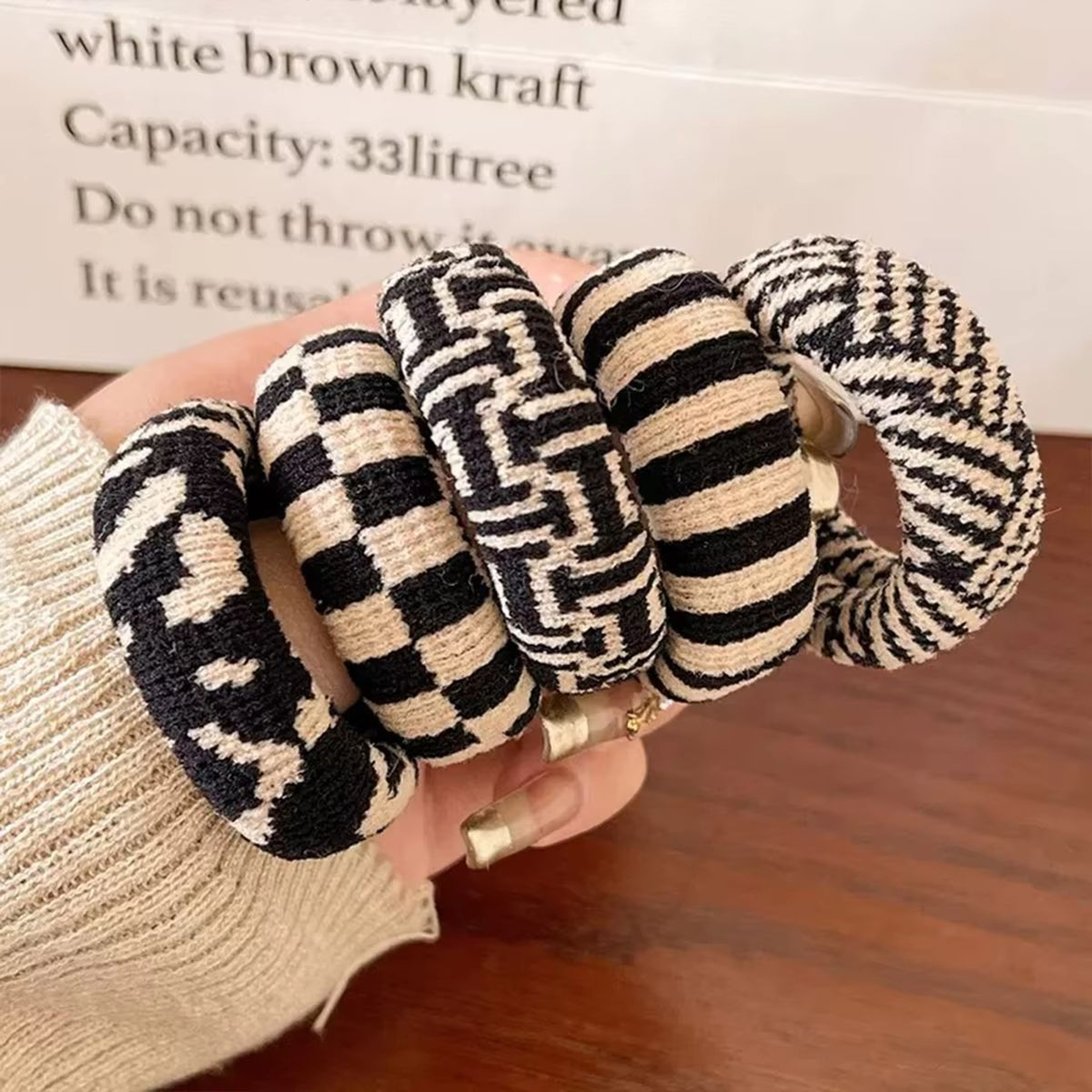 Checkered Comfort Stretch Hair Rings  Versatile Black  White Pack 5