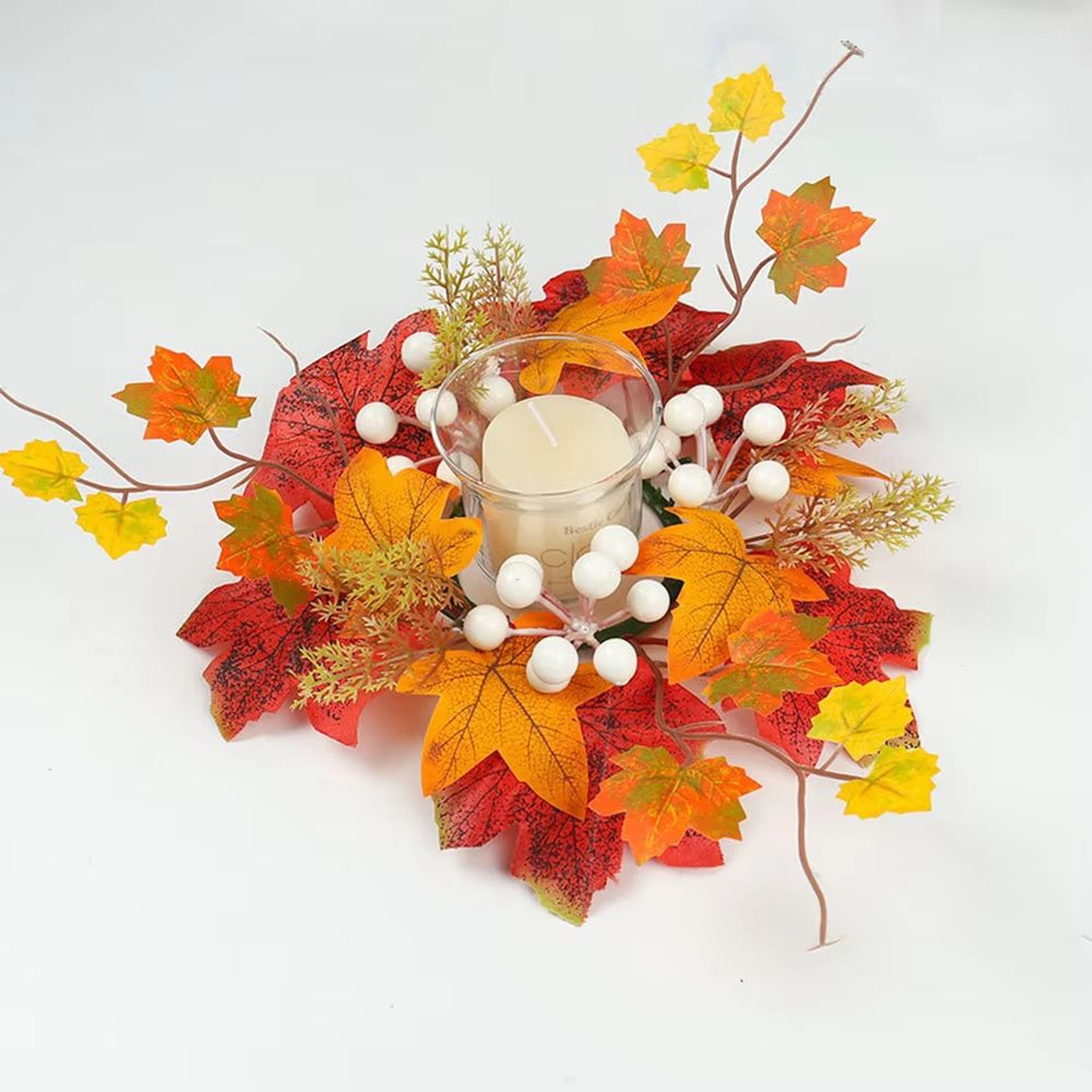 Autumn Maple Leaves Sunflower Candle Ring Wreath For Pillar Candles 7