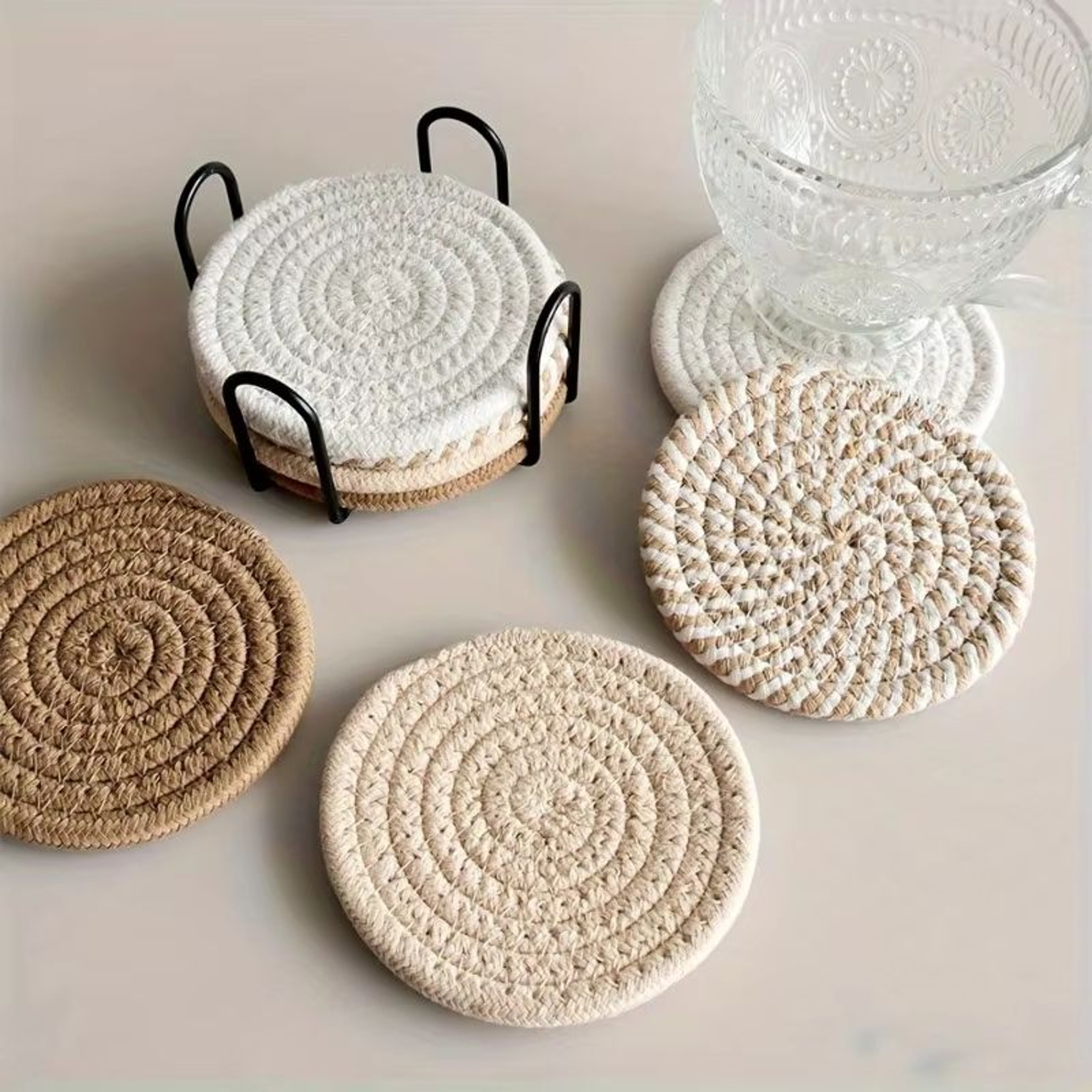 Woven Drink Coaster Set With Holder 8 Piece Absorbent Cup Mats 0