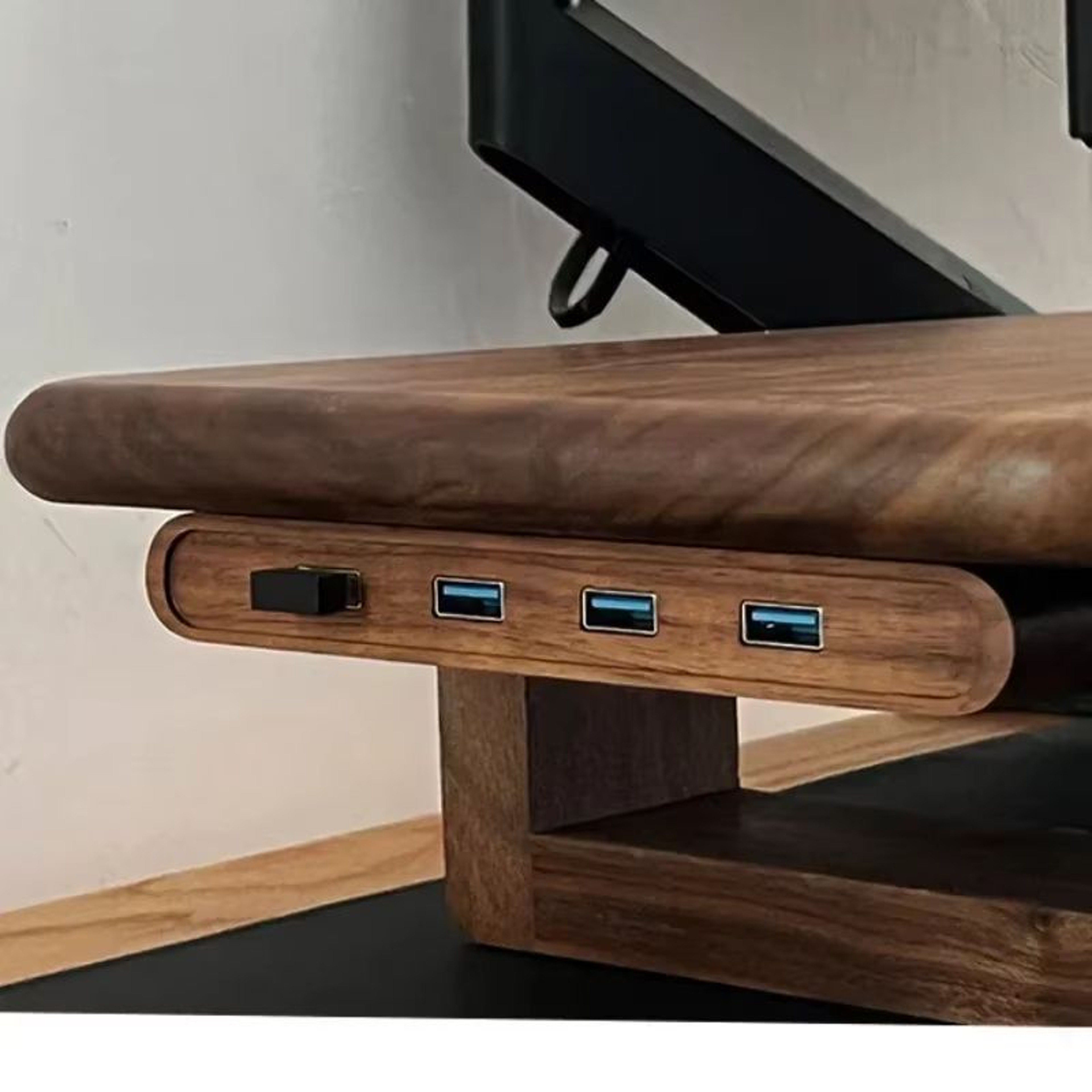 Black Walnut Wooden USB Hub 1 To 4 Desktop Splitter And Monitor Riser 0
