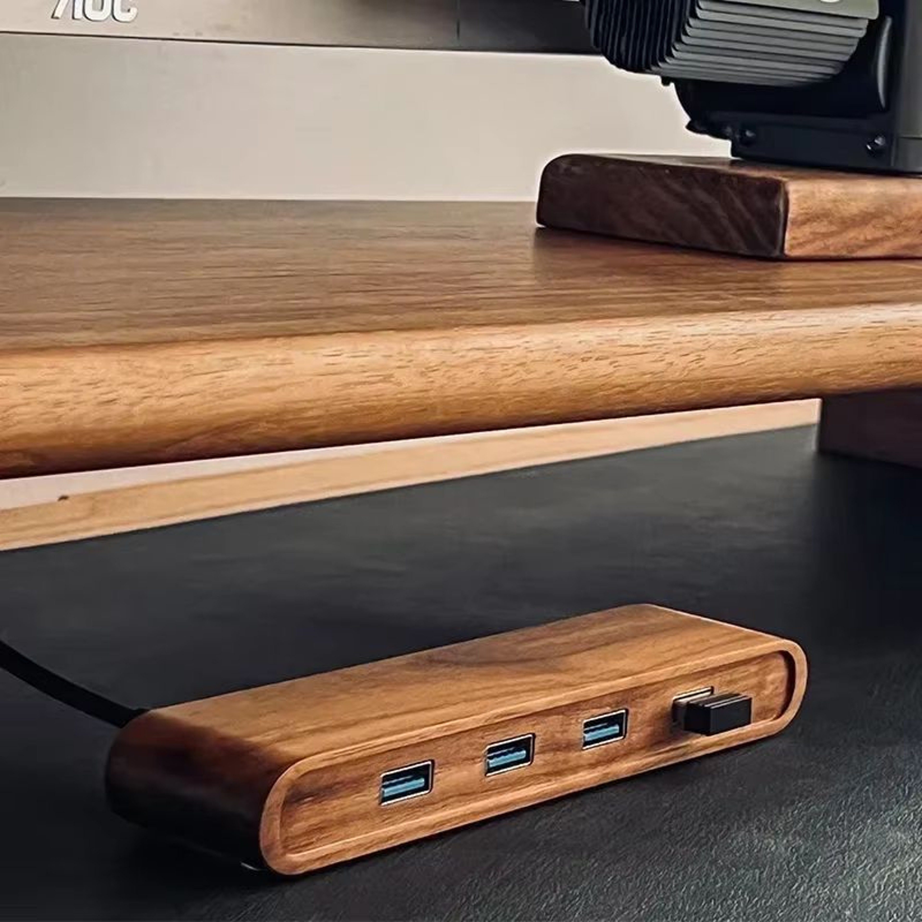 Black Walnut Wooden USB Hub 1 To 4 Desktop Splitter And Monitor Riser 1