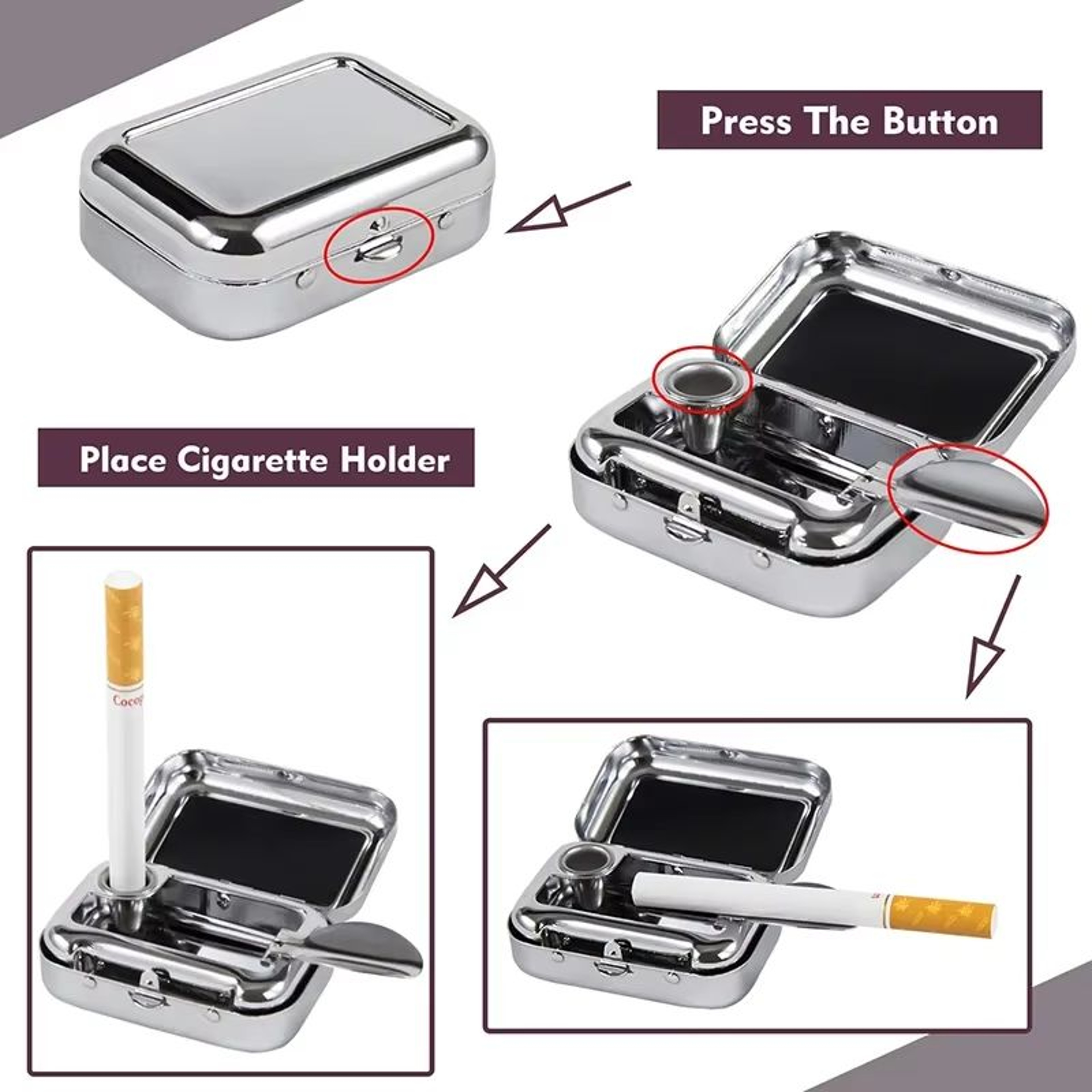 LockSafe Portable Mini Metal Ashtray  Compact Car  Desktop SmokeProof Holder 3