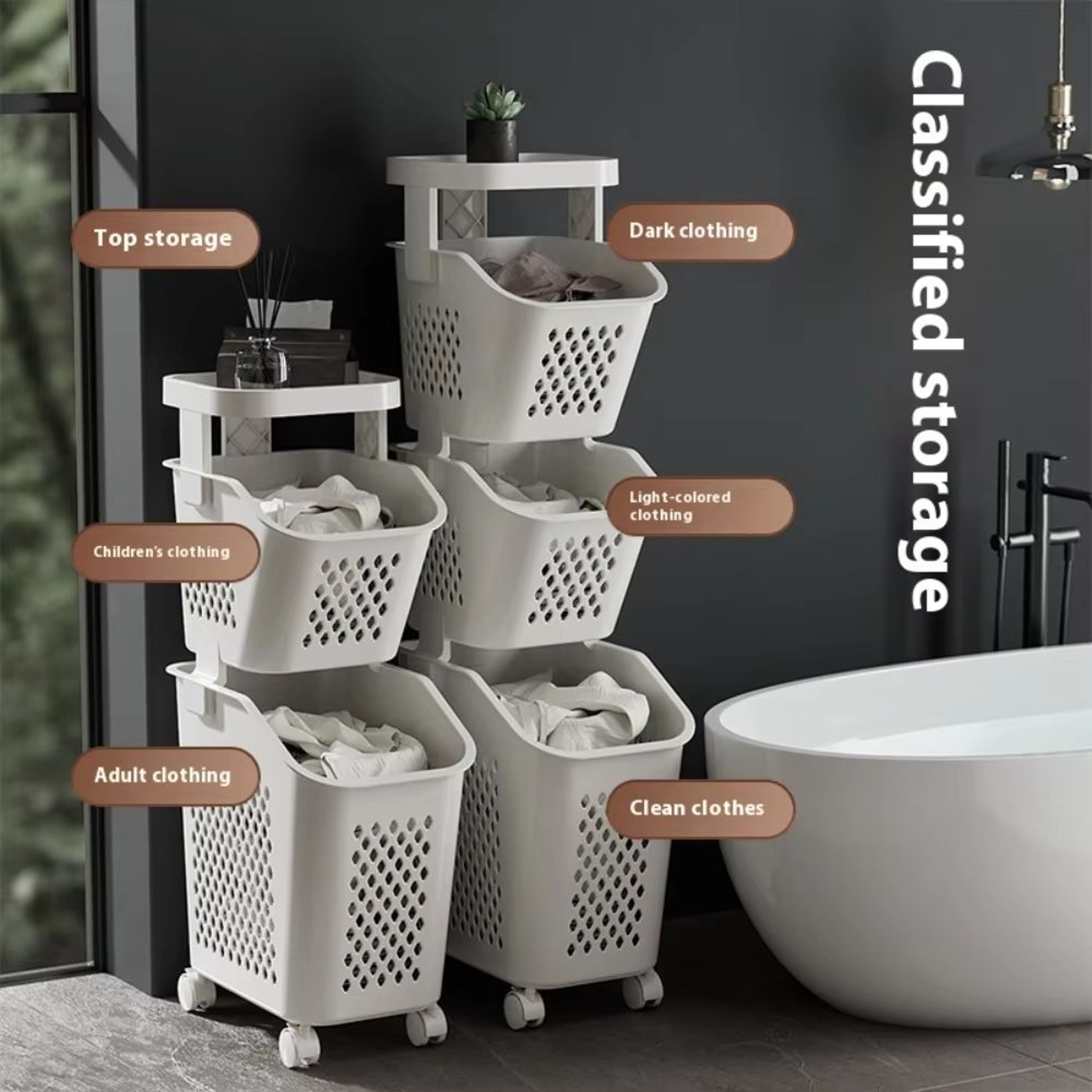 Multilayer Wheeled PP Plastic Laundry  Storage Basket Cart 0