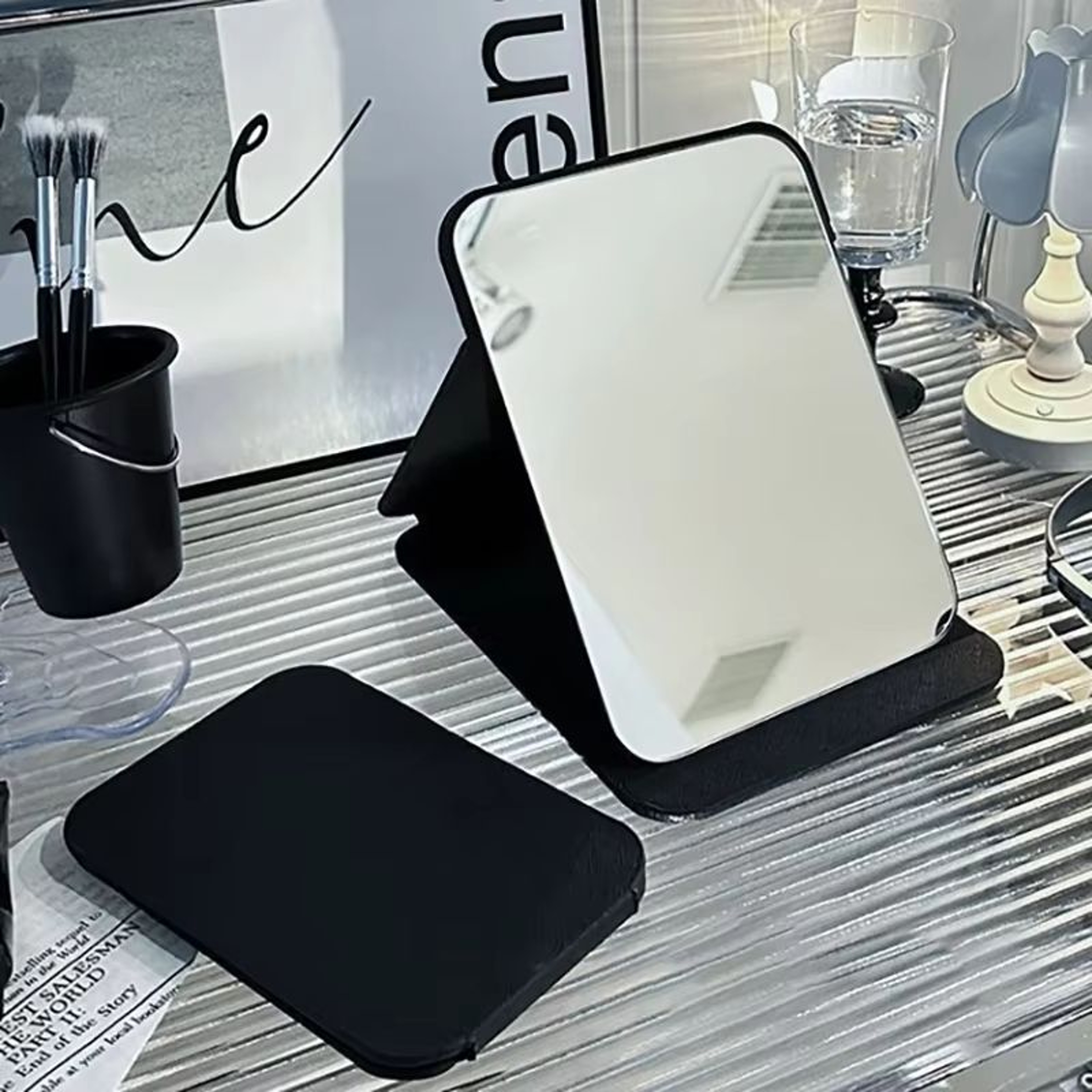 Foldable PU Leather Desktop And Handheld Makeup Mirror Compact Cute Pocket Design 0