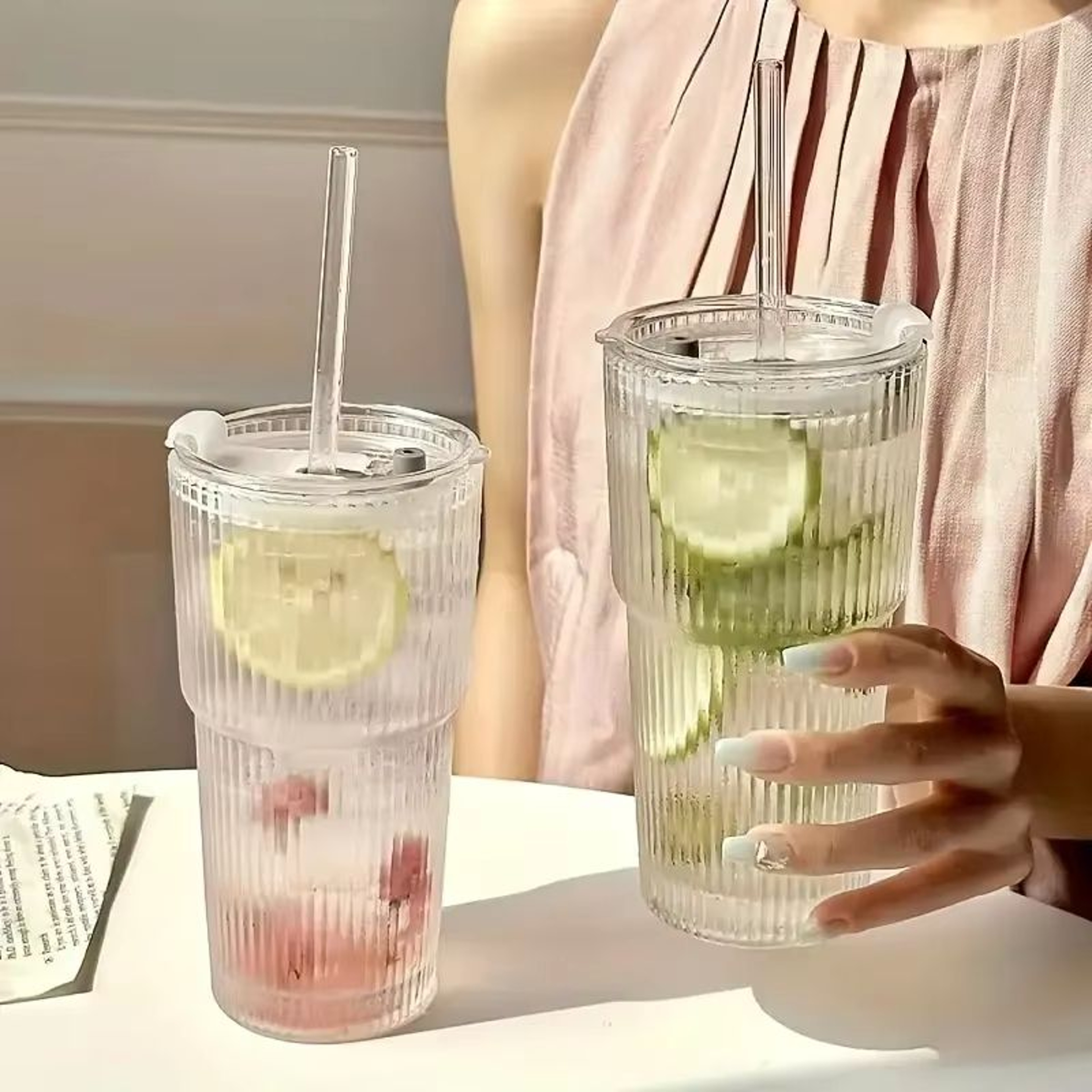 StripeGlass 20oz Glass Cup With Lid And Straw  Transparent Drinking Glass For Juice Water  Iced Cof 0