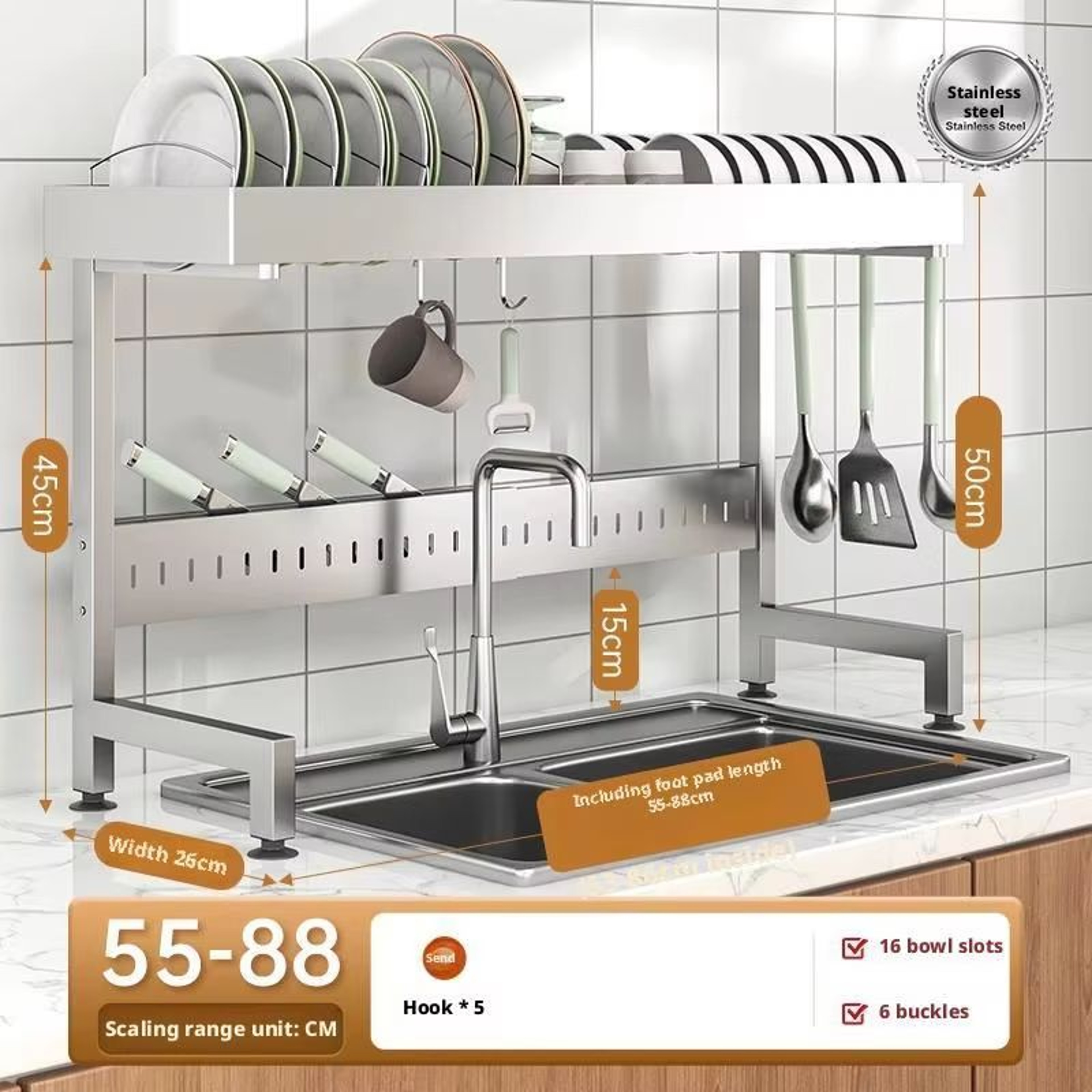 Adjustable OverSink Stainless Steel Dish Drying Rack 8