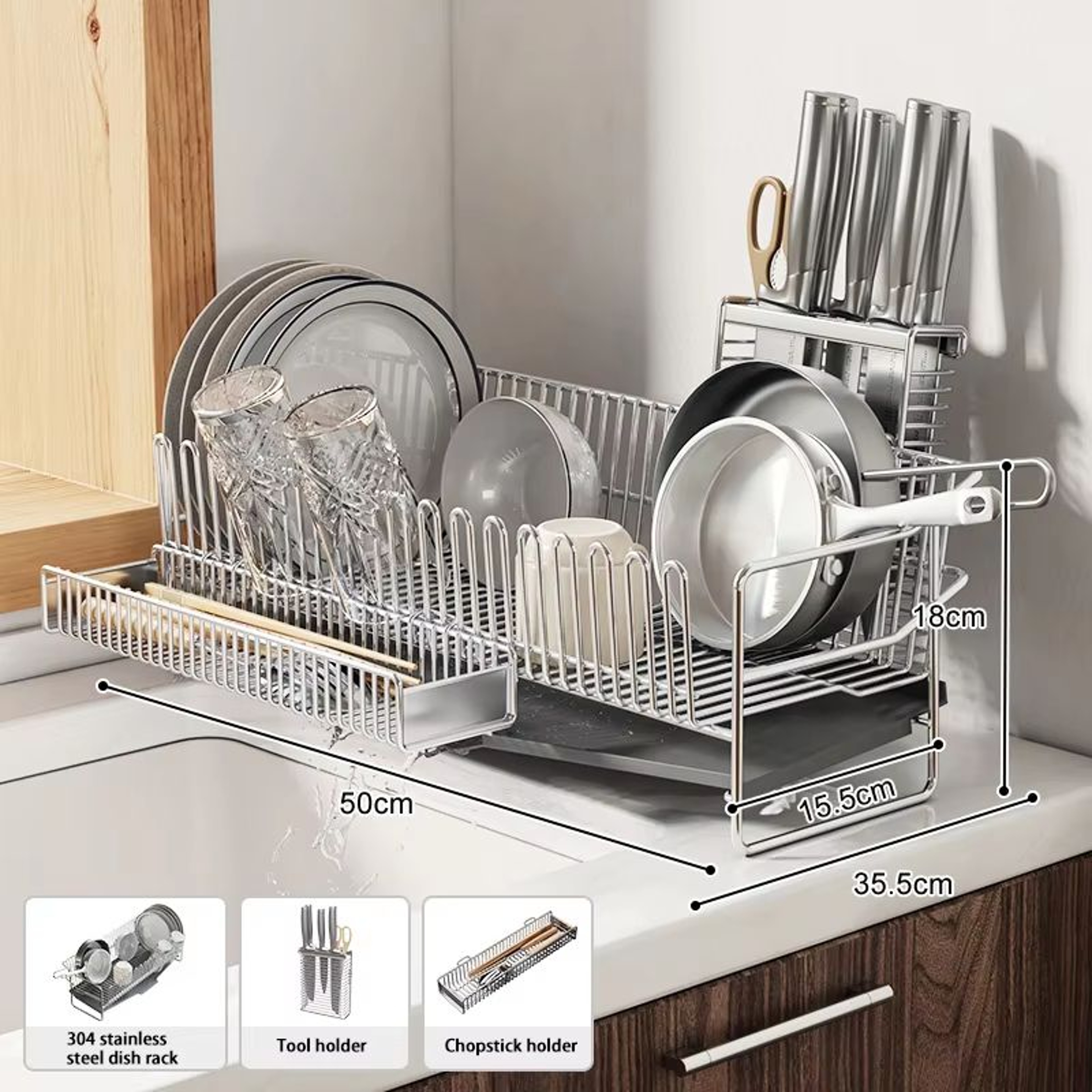 Stainless Steel Dish Drying Rack Over The Sink With Tray 10