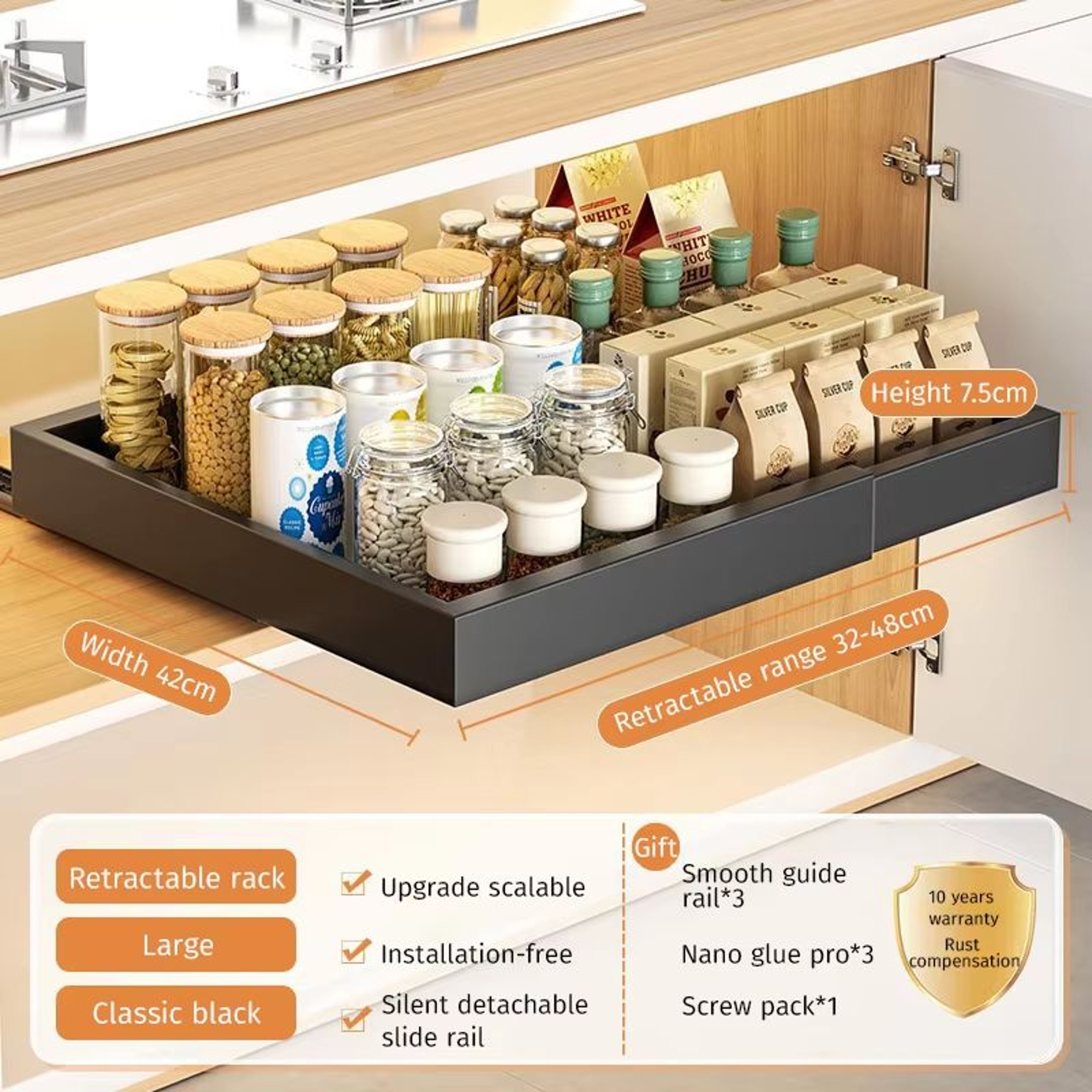 Retractable Kitchen Drawer Storage Rack With Slide Rails 11
