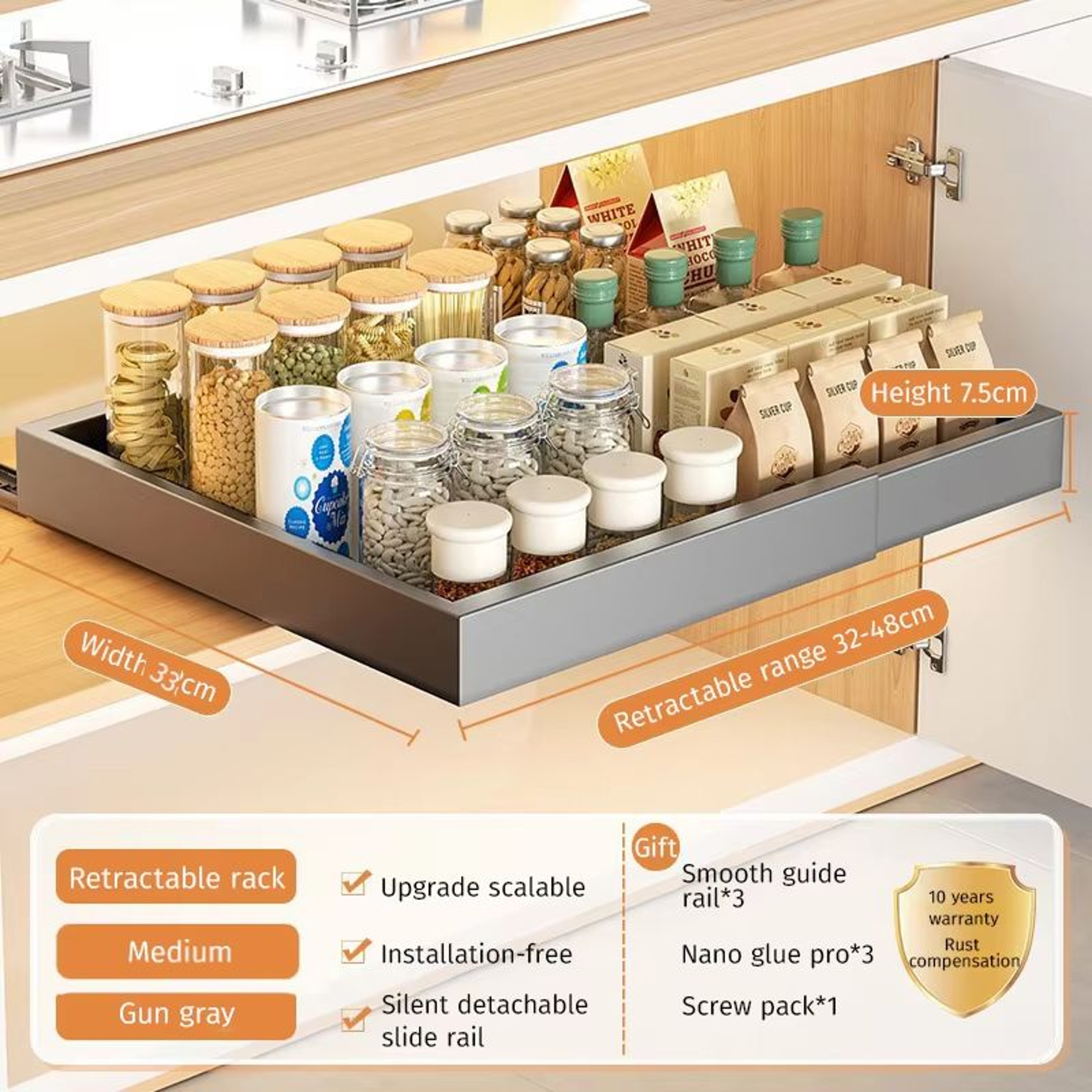 Retractable Kitchen Drawer Storage Rack With Slide Rails 12
