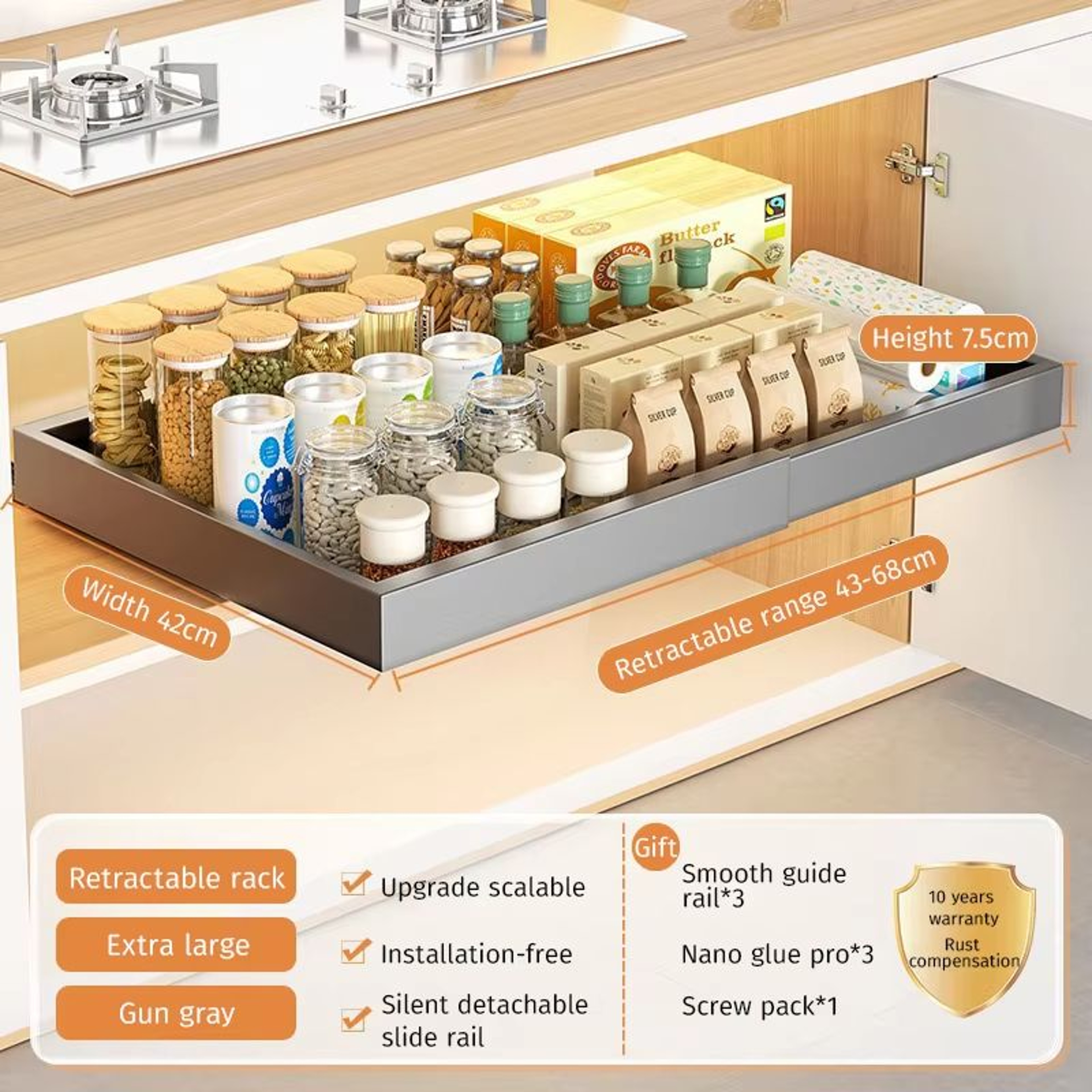 Retractable Kitchen Drawer Storage Rack With Slide Rails 14