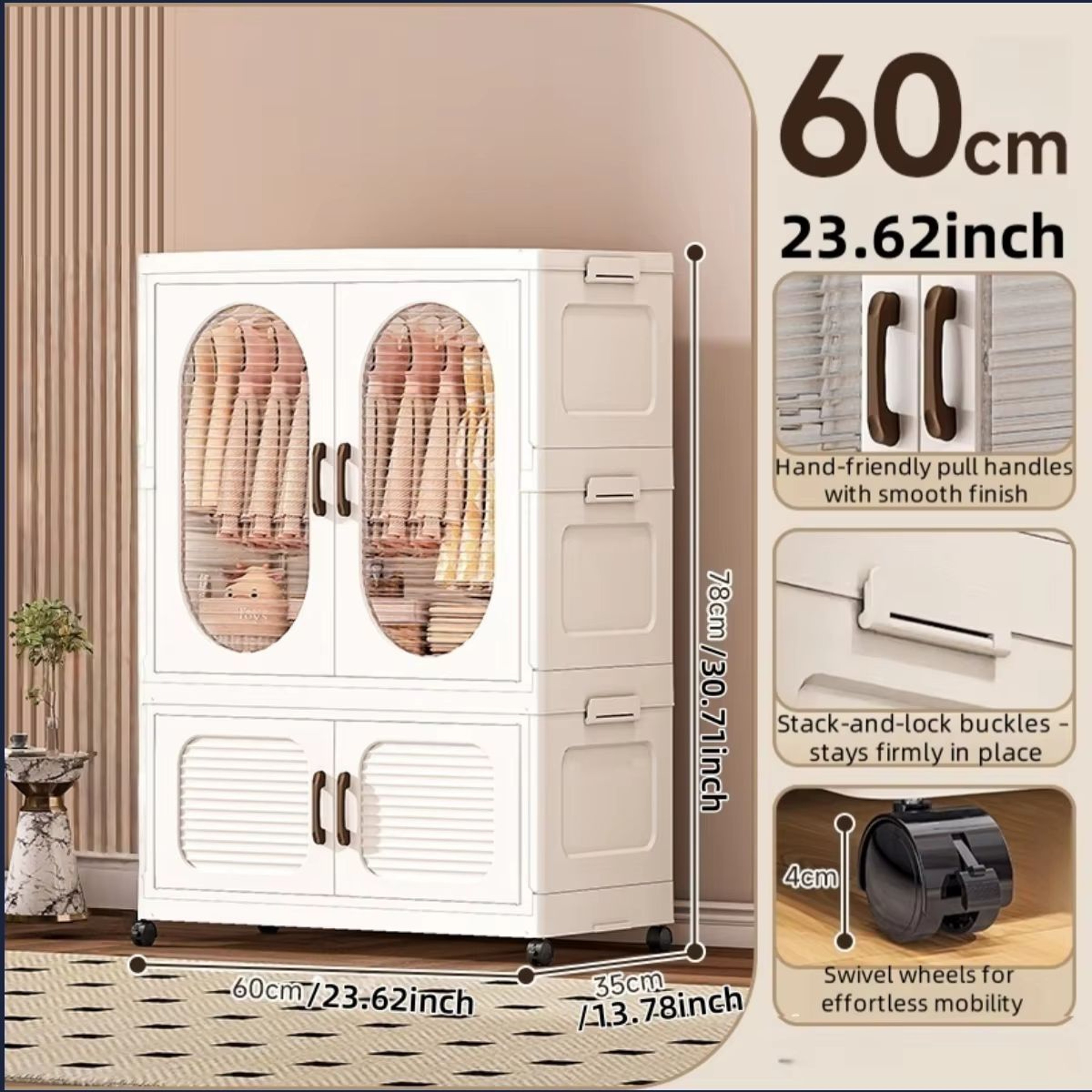 Double Door Foldable Wardrobe With Wheels 2362in Magnetic Closet Organizer 6