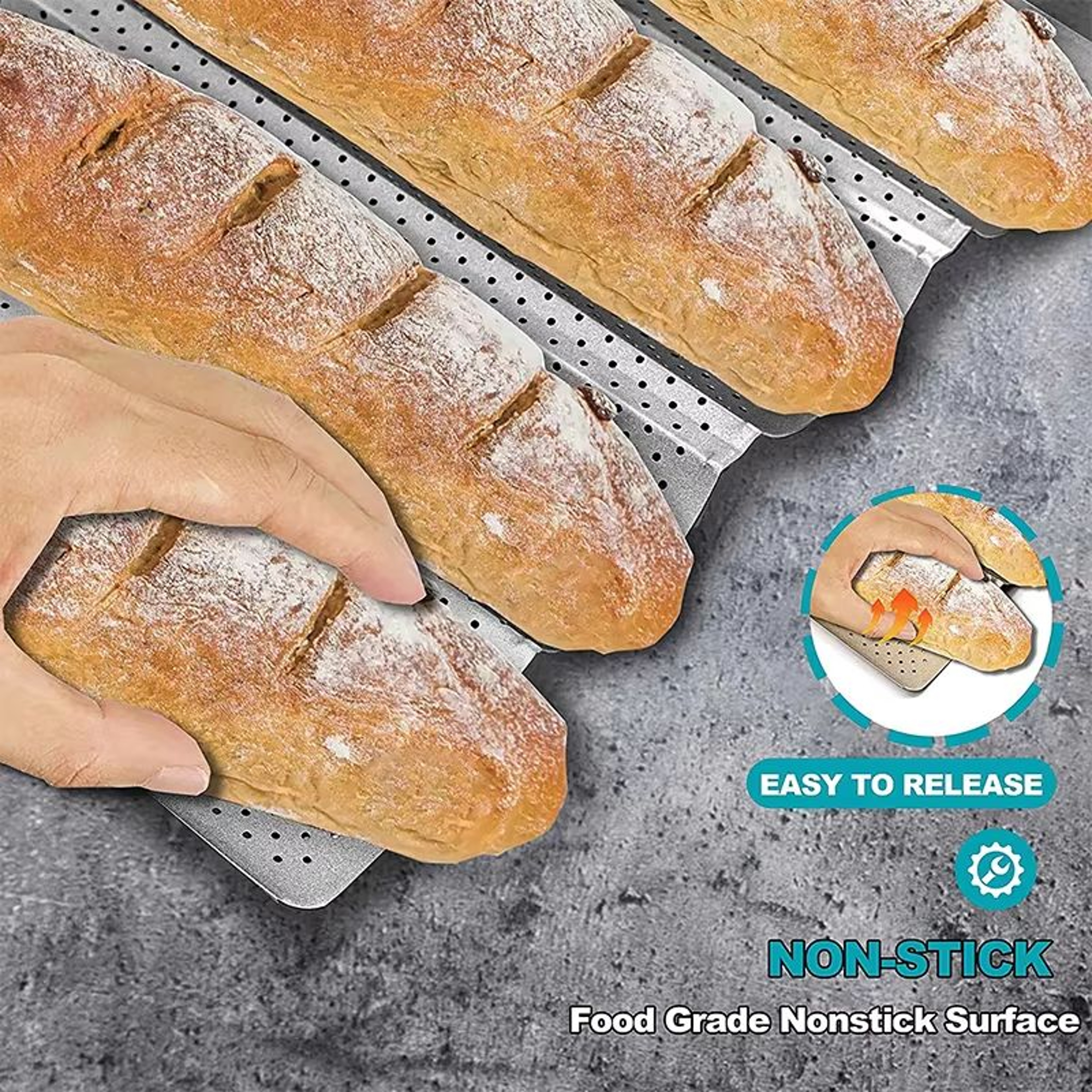 LMETJMA Nonstick Perforated French Bread Baking Pan For Four Baguette Loaves 5