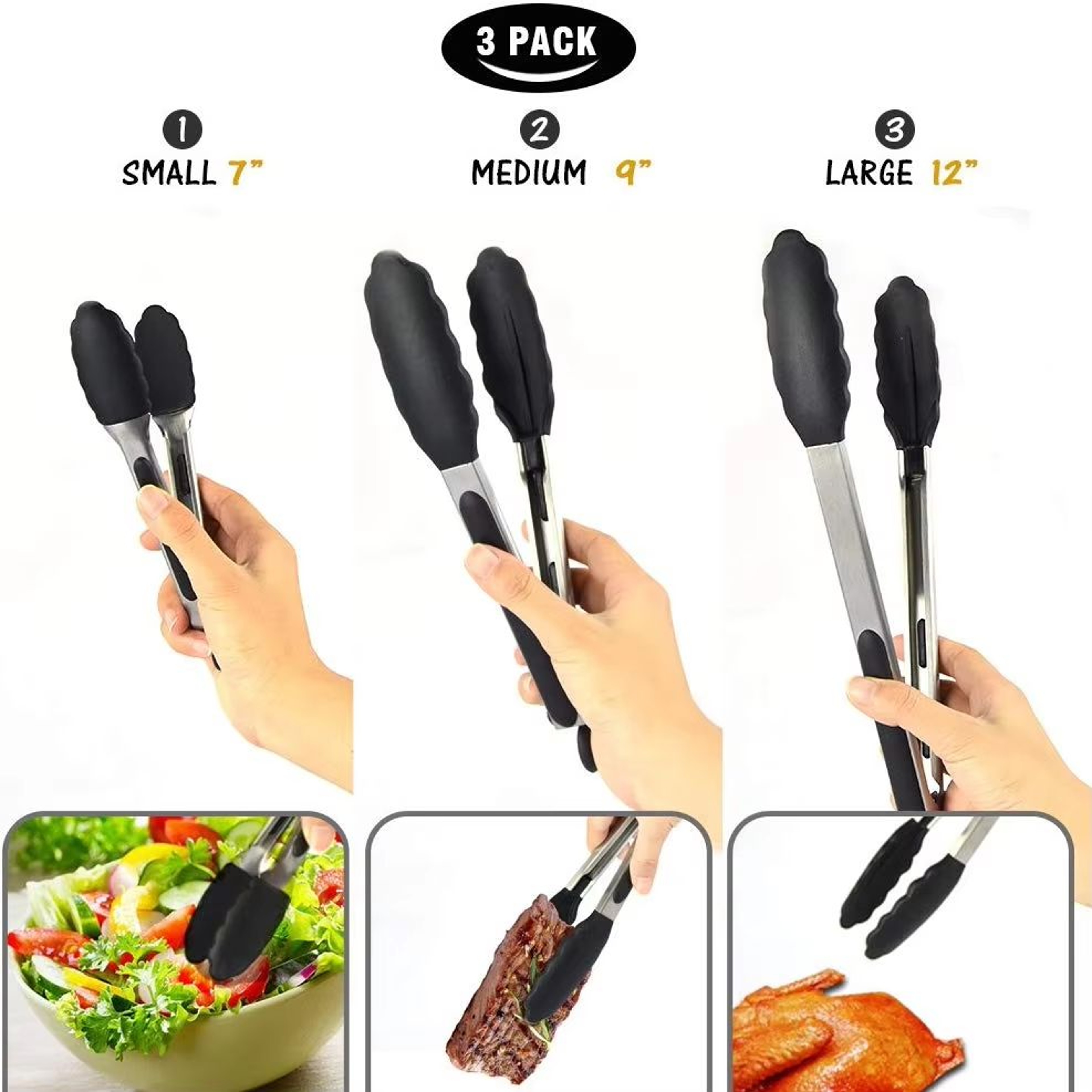 Silicone Tip Stainless Steel Locking Kitchen BBQ Tongs In Multiple Sizes 2