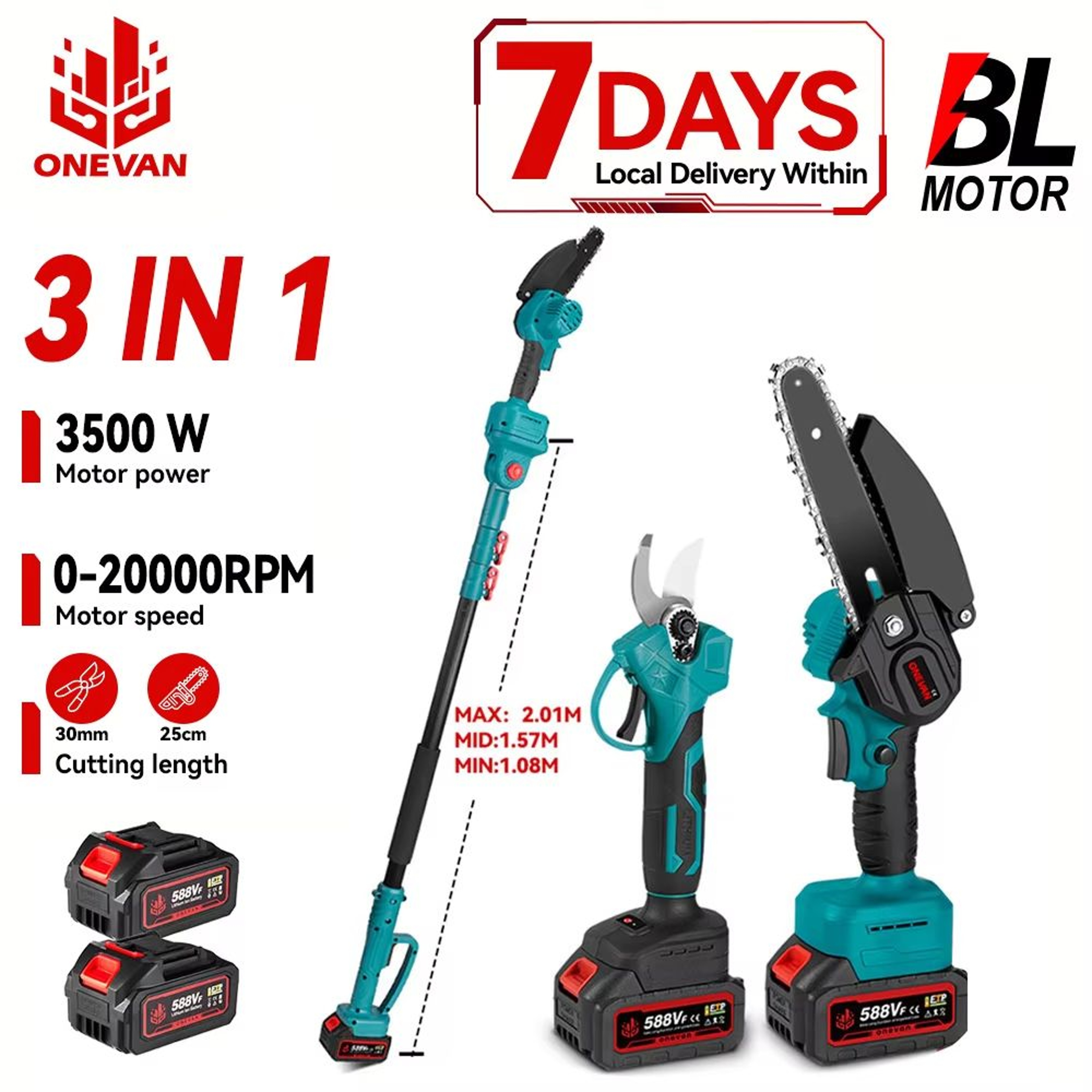 ONEVAN 3500W 2in1 Cordless Telescoping Pole Chainsaw And Pruning Shears For 18V Battery 0