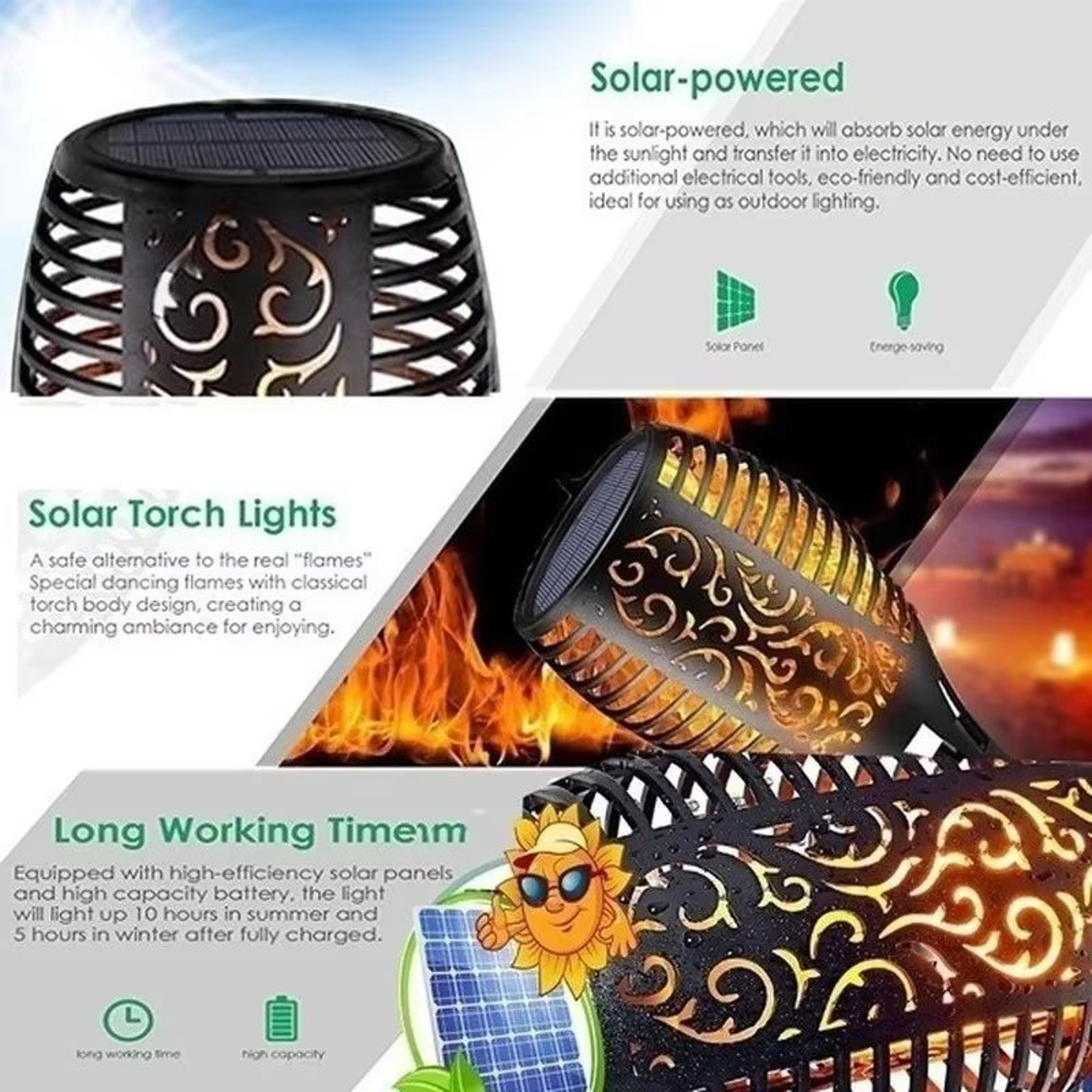 Solar Flame Torch Lights Flickering Waterproof Outdoor Garden And Pathway Decor Set 2