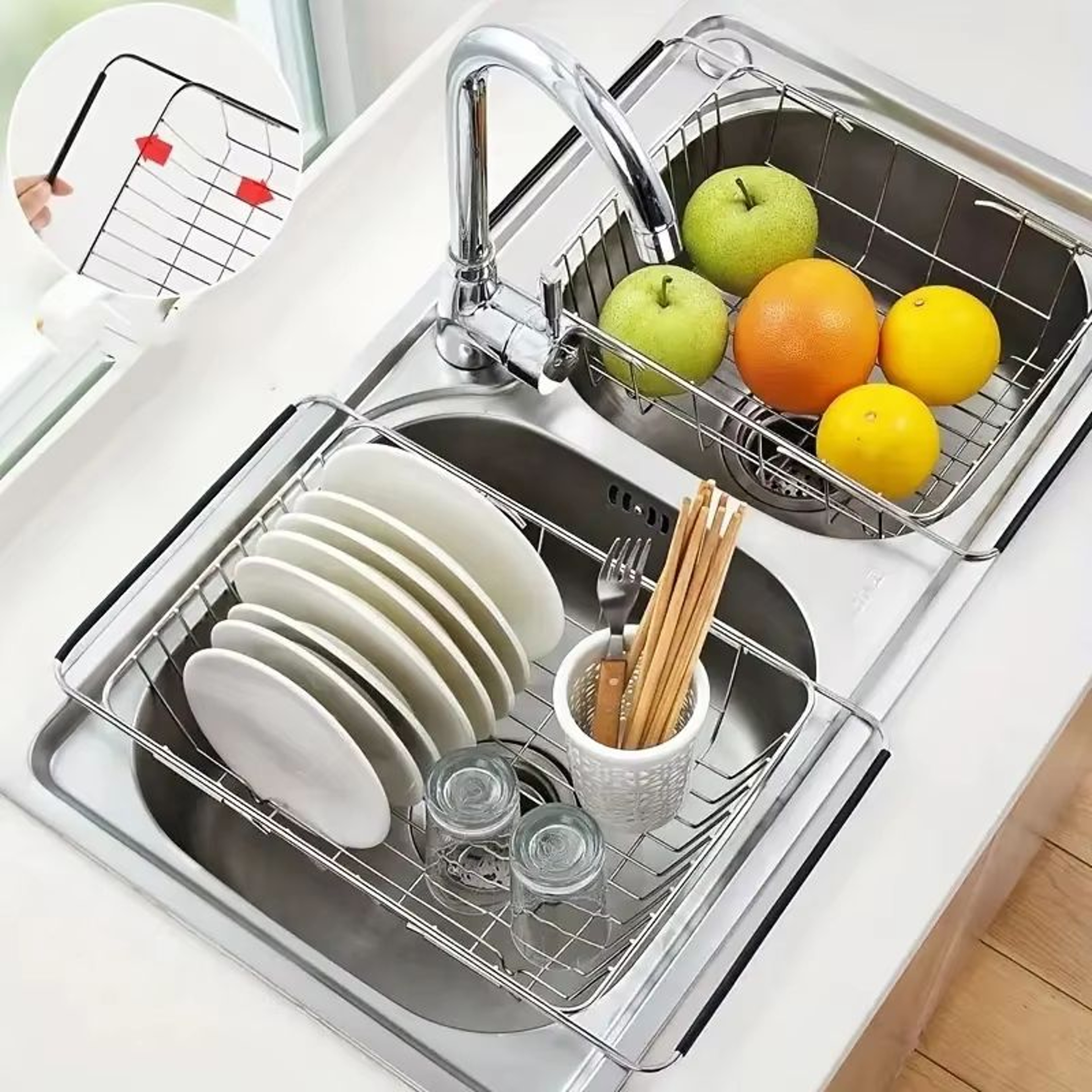 Retractable Sink Drain Rack Adjustable Dish And Produce Washing Basket For Kitchen Sink 0