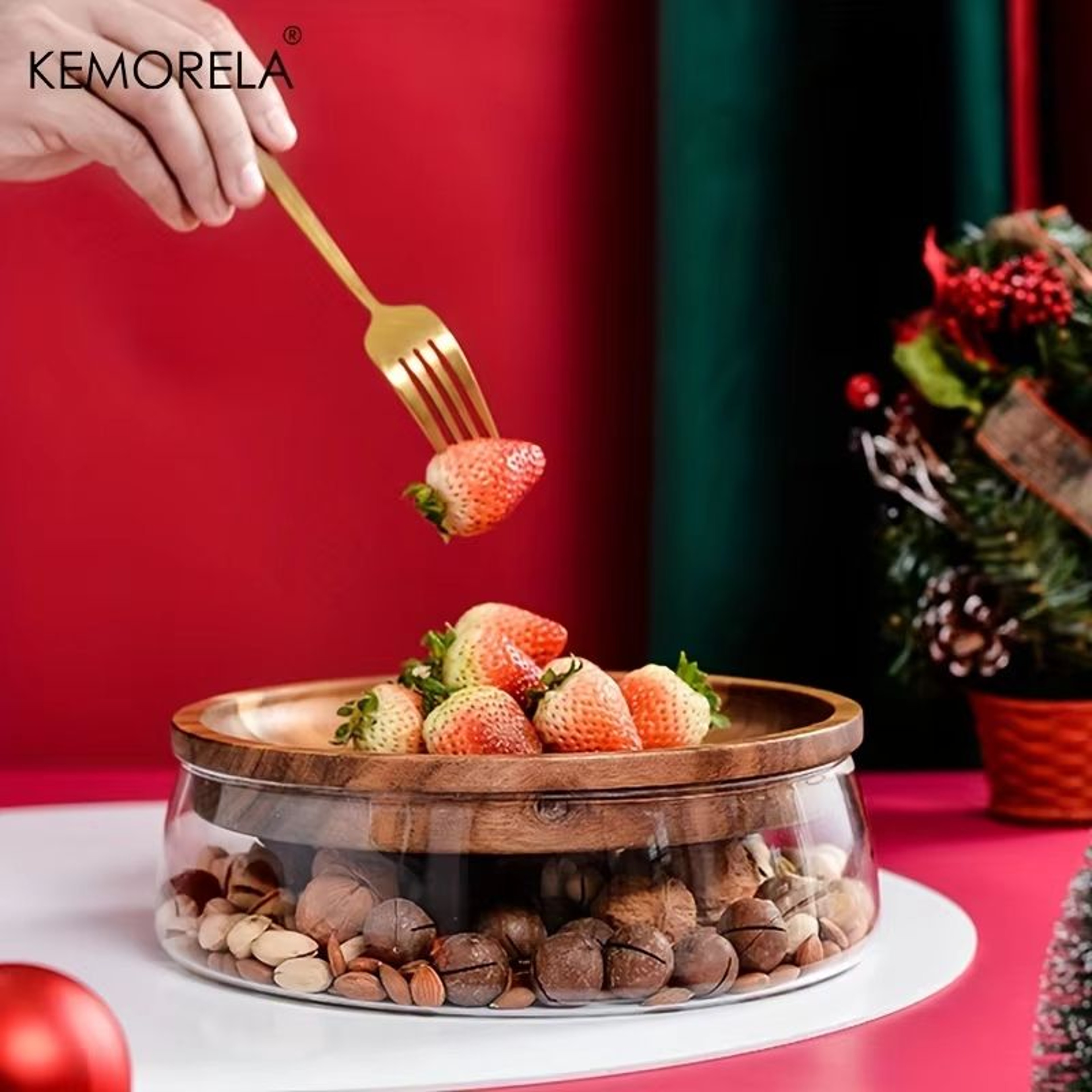 Double Layer Glass Bowl With Wooden Tray And Lid For Kitchen Storage 2