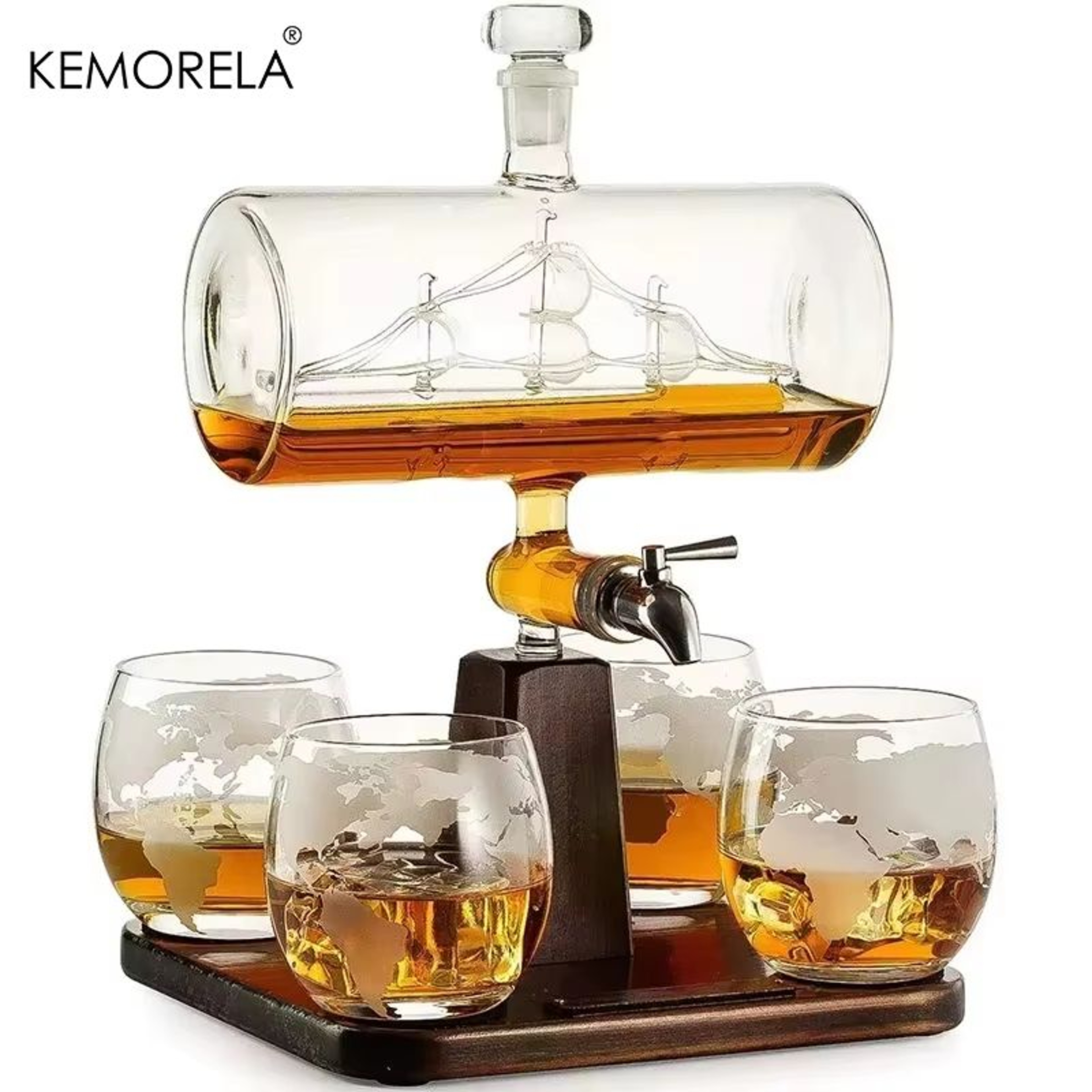 KEMORELA Antique Ship Decanter 3720 Fl Oz Whiskey Decanter Set With Wooden Stand And 4 Glasses 0