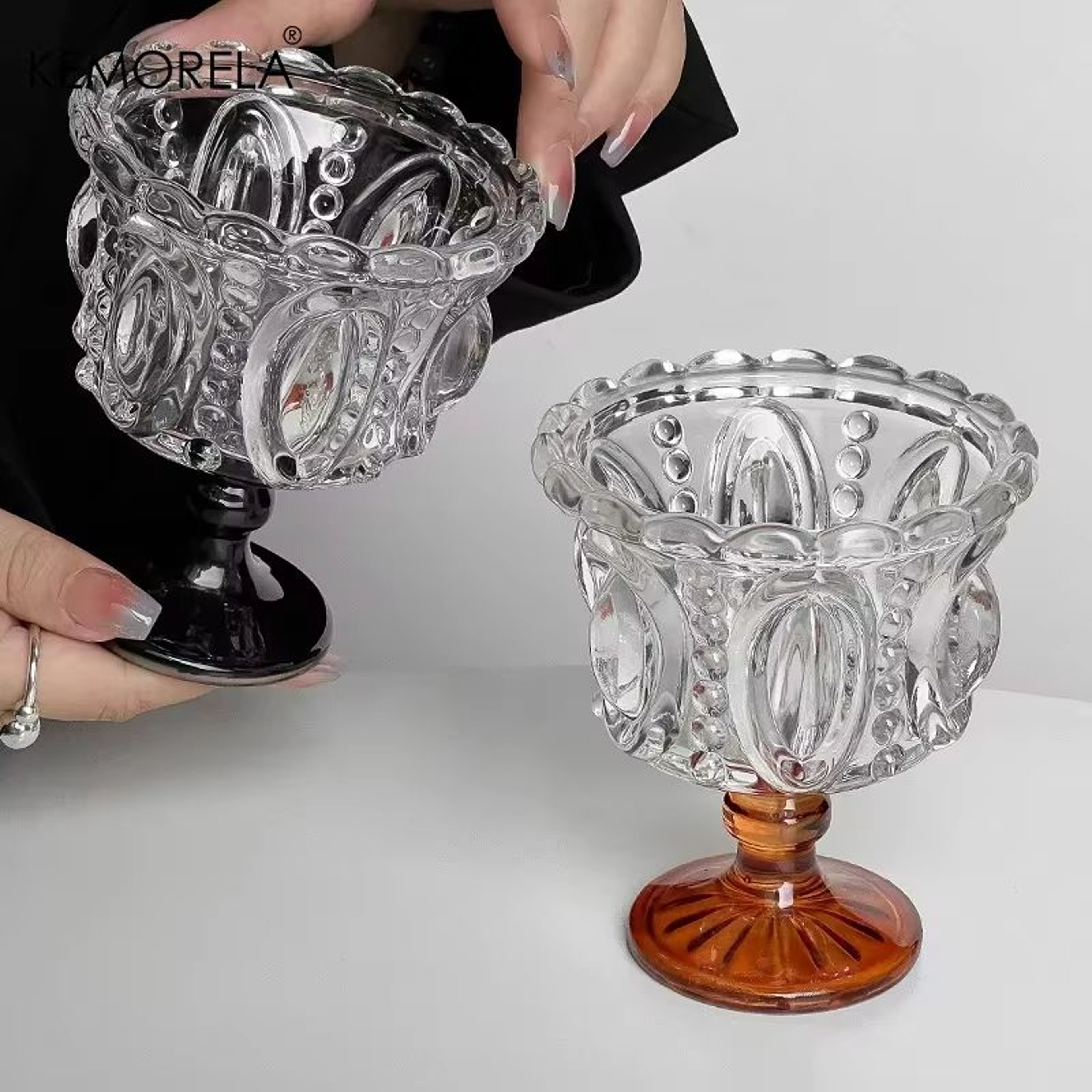 KEMORELA Retro Embossed Tall Glass Cup  Black CrystalStyle Goblet For Whiskey Coffee And Desserts 1 3