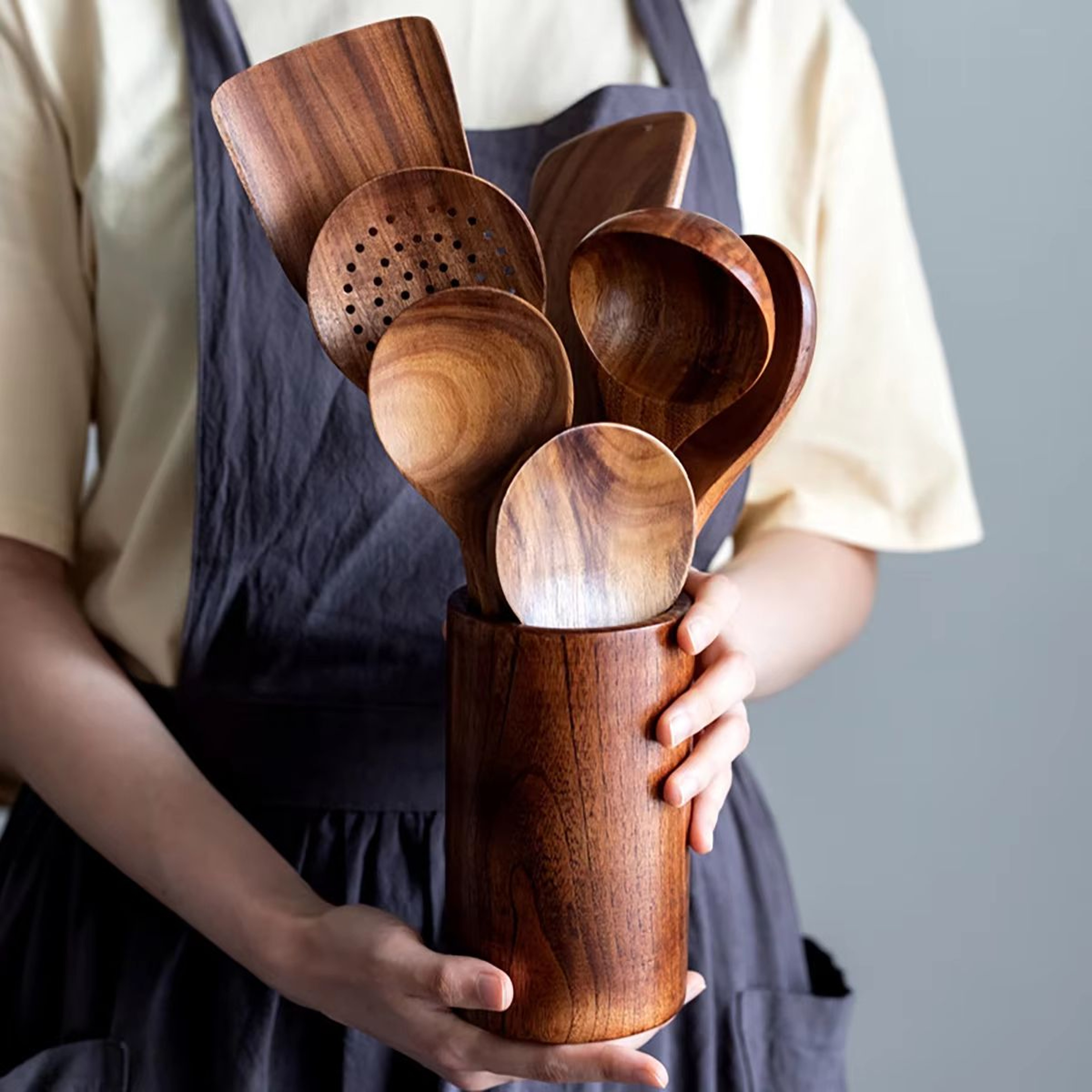 Wooden Kitchen Utensil Set With Holder  Spatulas Spoons Salad Fork And Stirring Tools For Cooking A 0
