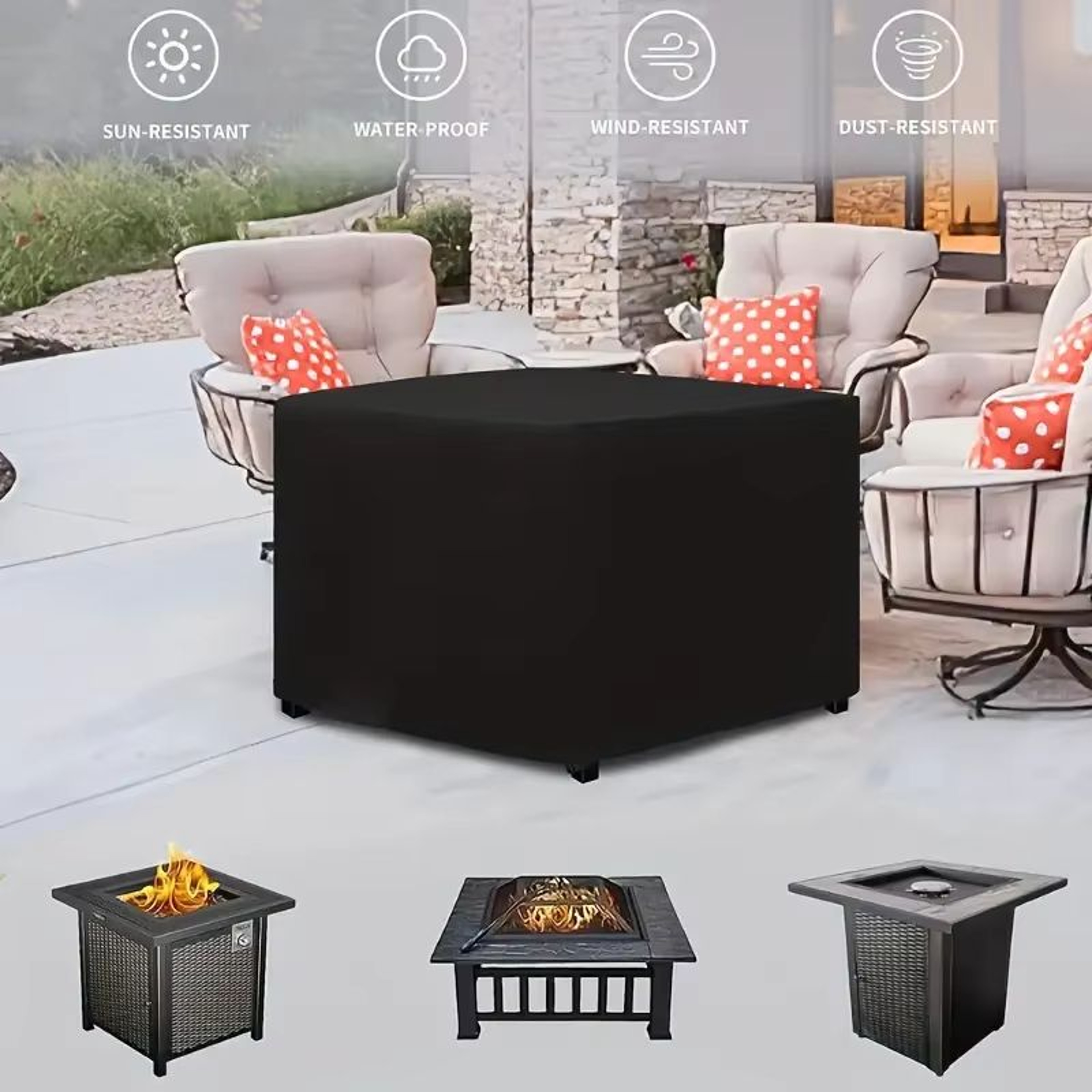 Square 210T Waterproof Fire Pit Cover  UV  Fade Resistant Outdoor Fire Pit Table Protector 5