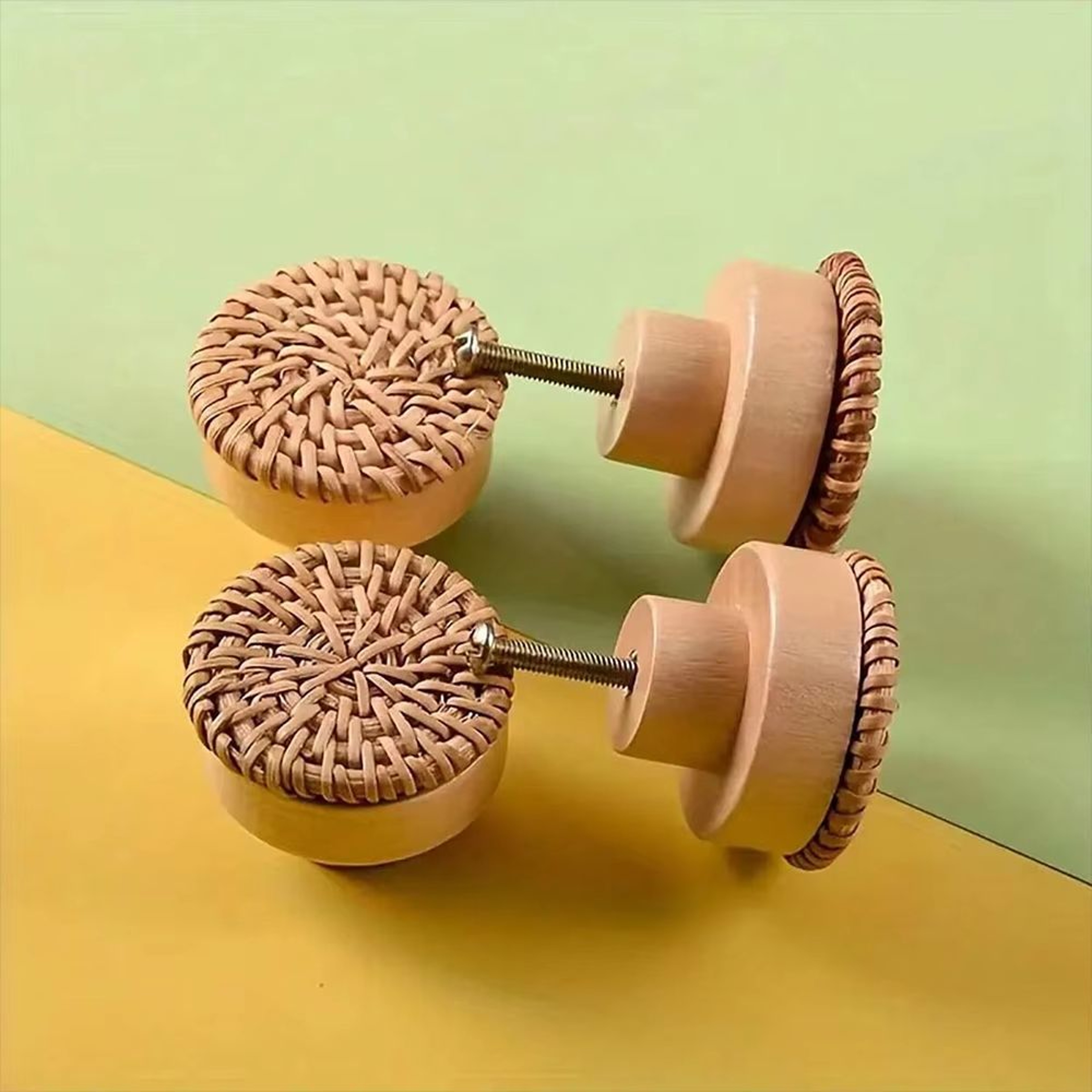 12Pack Bohemian Rattan Drawer Knobs  Round Wooden WickerWeave Cabinet Knobs With Screws 2