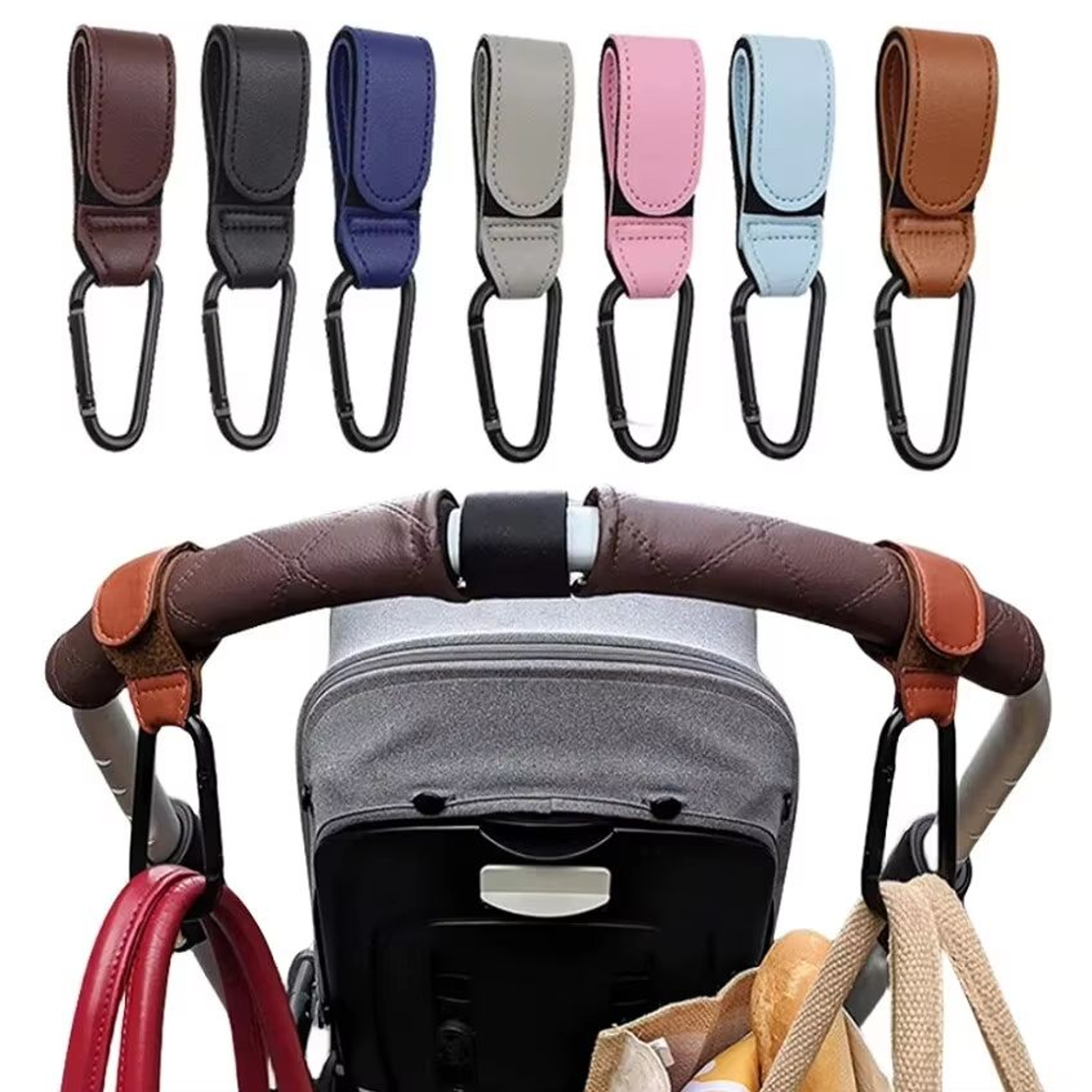 Adjustable Leather Stroller Hooks 2Pack Universal PU Pram Bag Hangers For Diaper Bag And Travel Ess 0