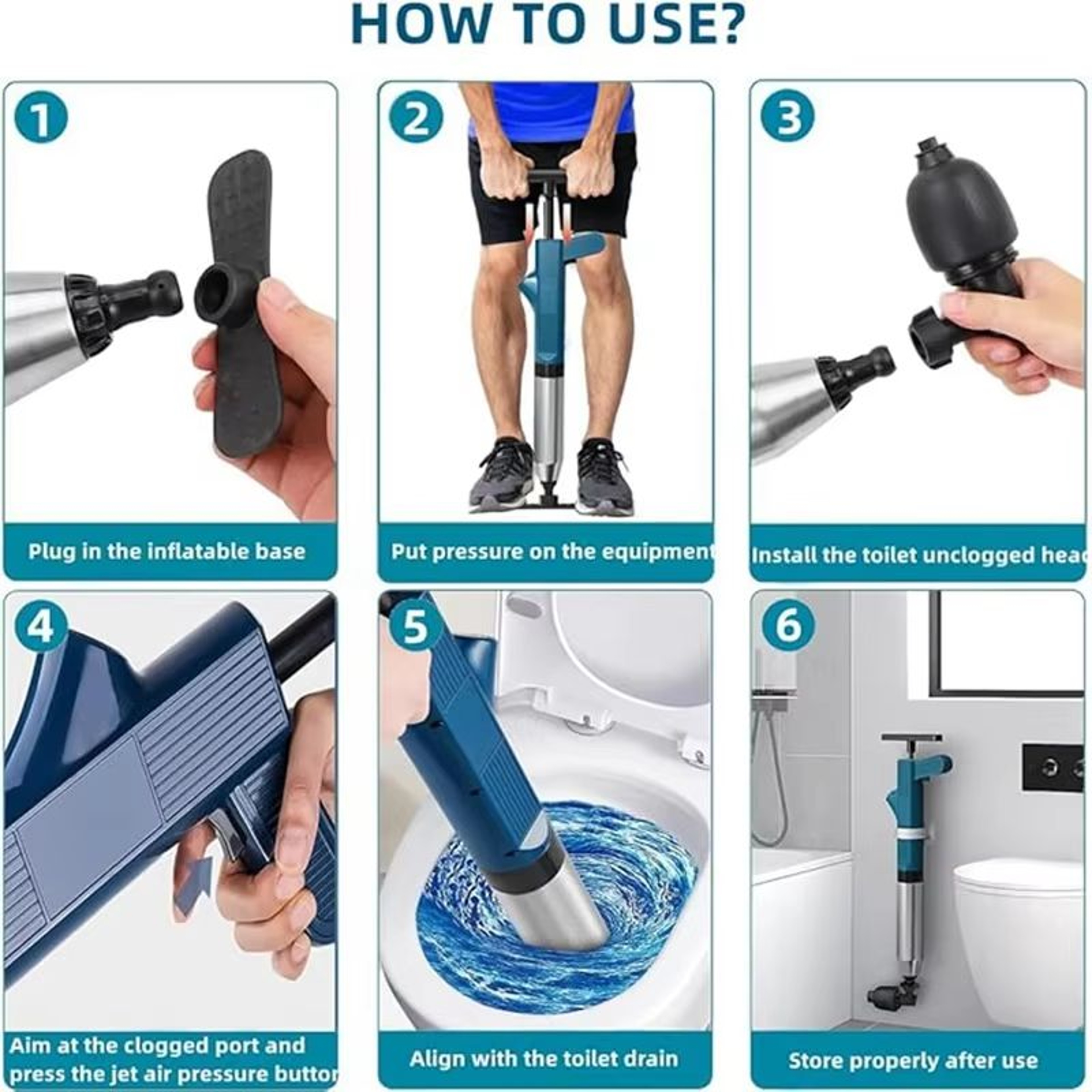 Pneumatic HighPressure Drain Blaster Tool Set  Stainless Steel Toilet Plunger  Pipe Dredger Unblock 4