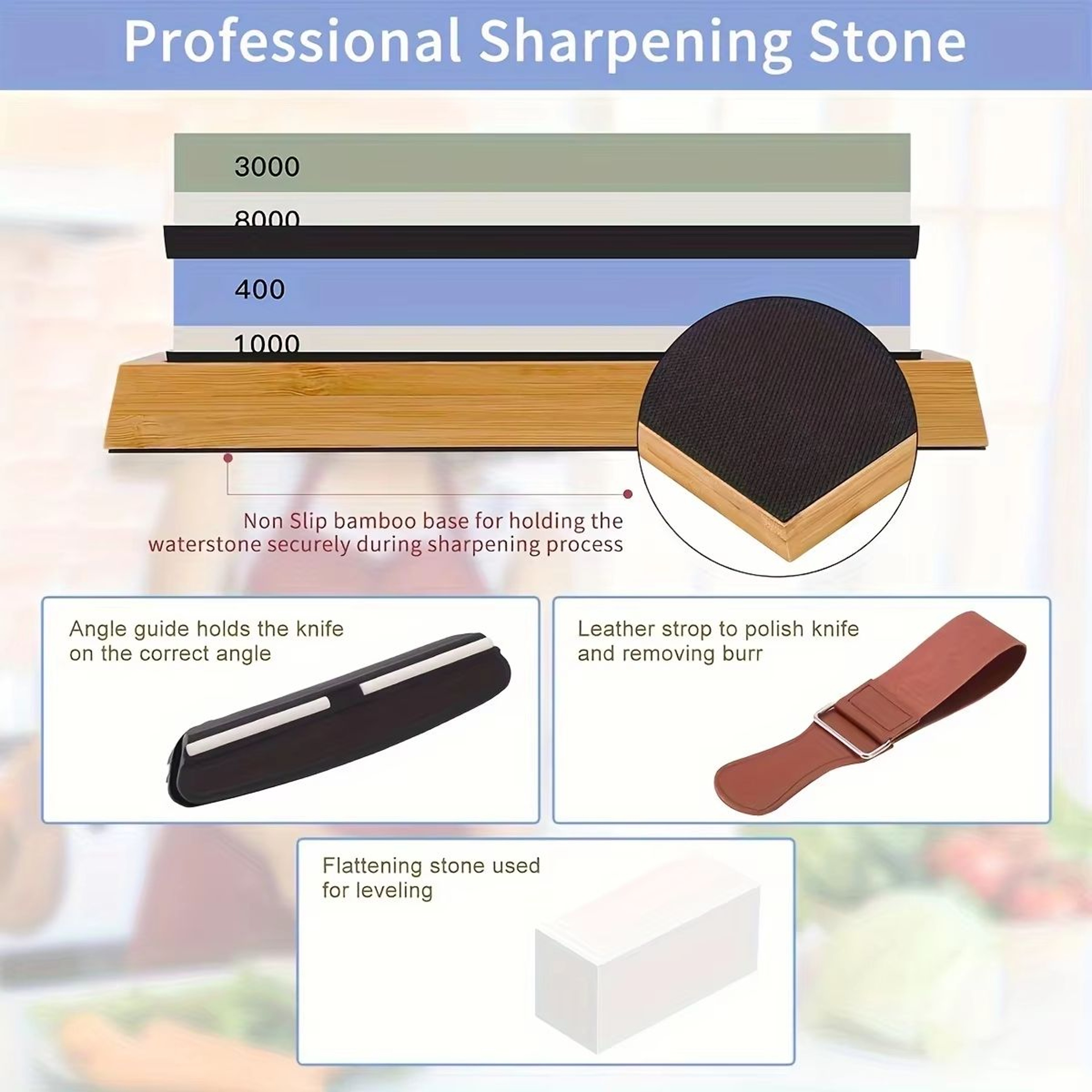 Premium Knife Sharpening Stone Set With Bamboo Base 4Side Grit 400100030008000 4