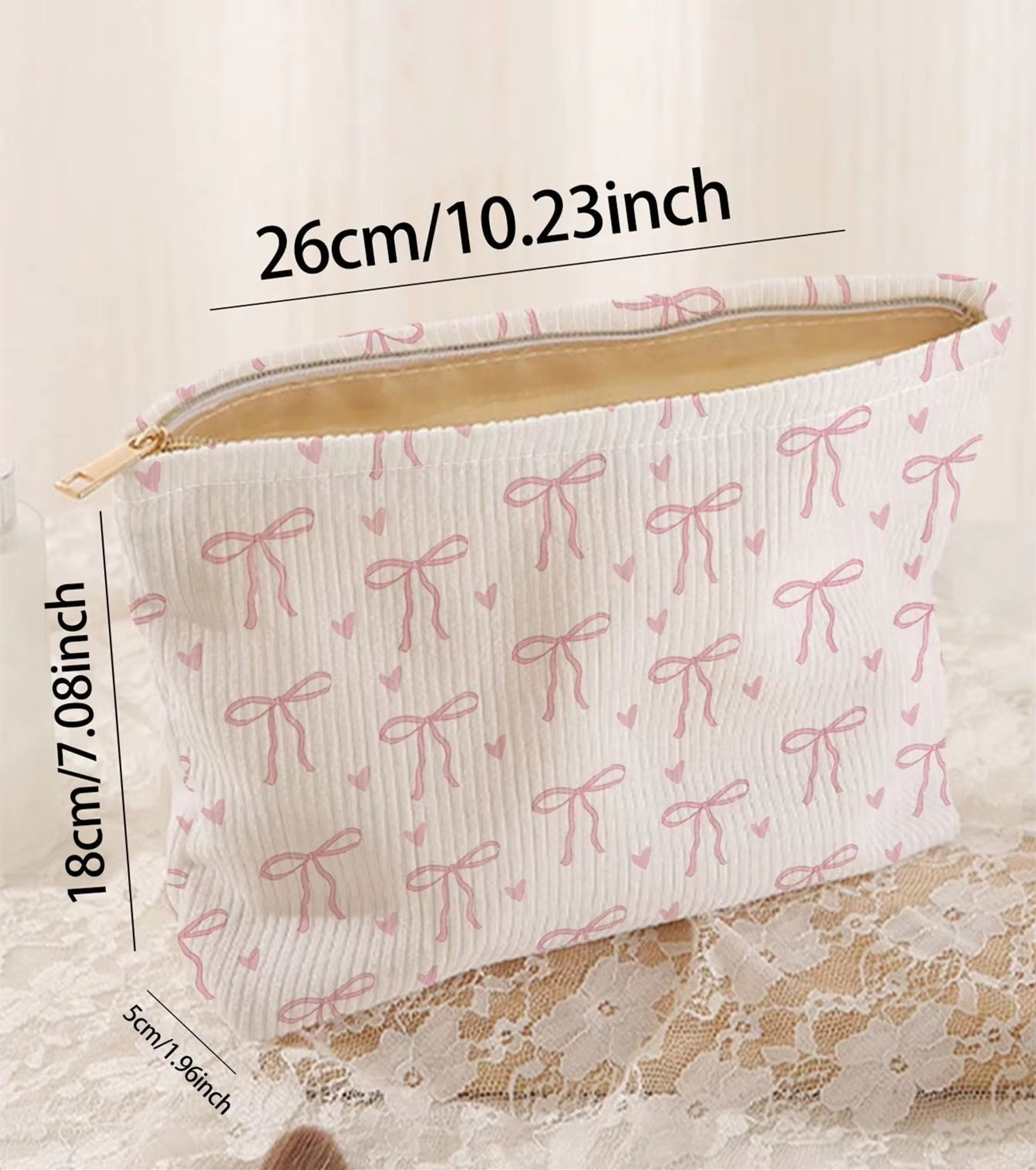 Pink Bowknot Cosmetic Bag Corduroy Zipper Makeup Organizer Lightweight Portable Cosmetic Storage Ba 5