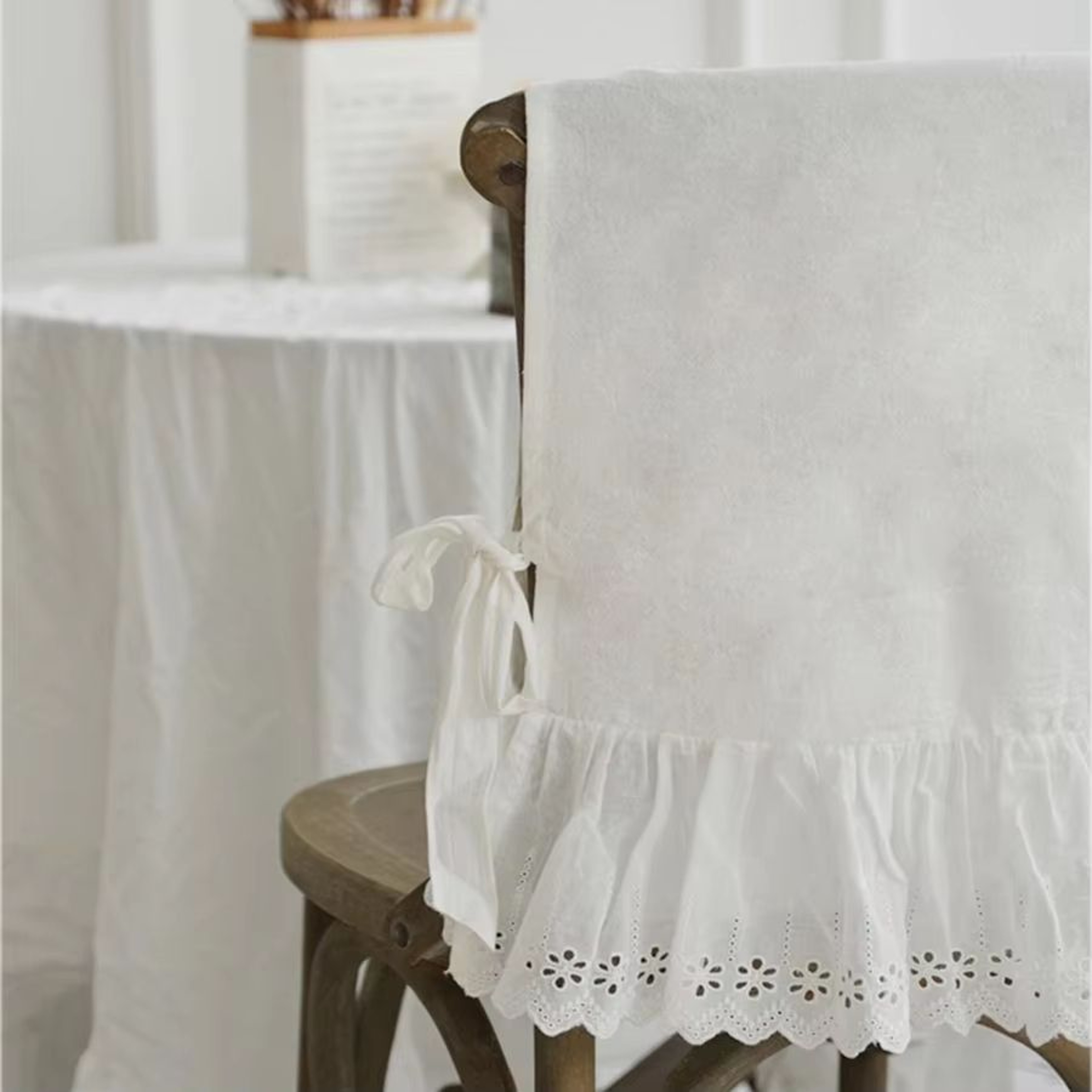 Elegant White Cotton Chair Back Cover  Embroidered Lace Flounced Household And Wedding Decoration 5