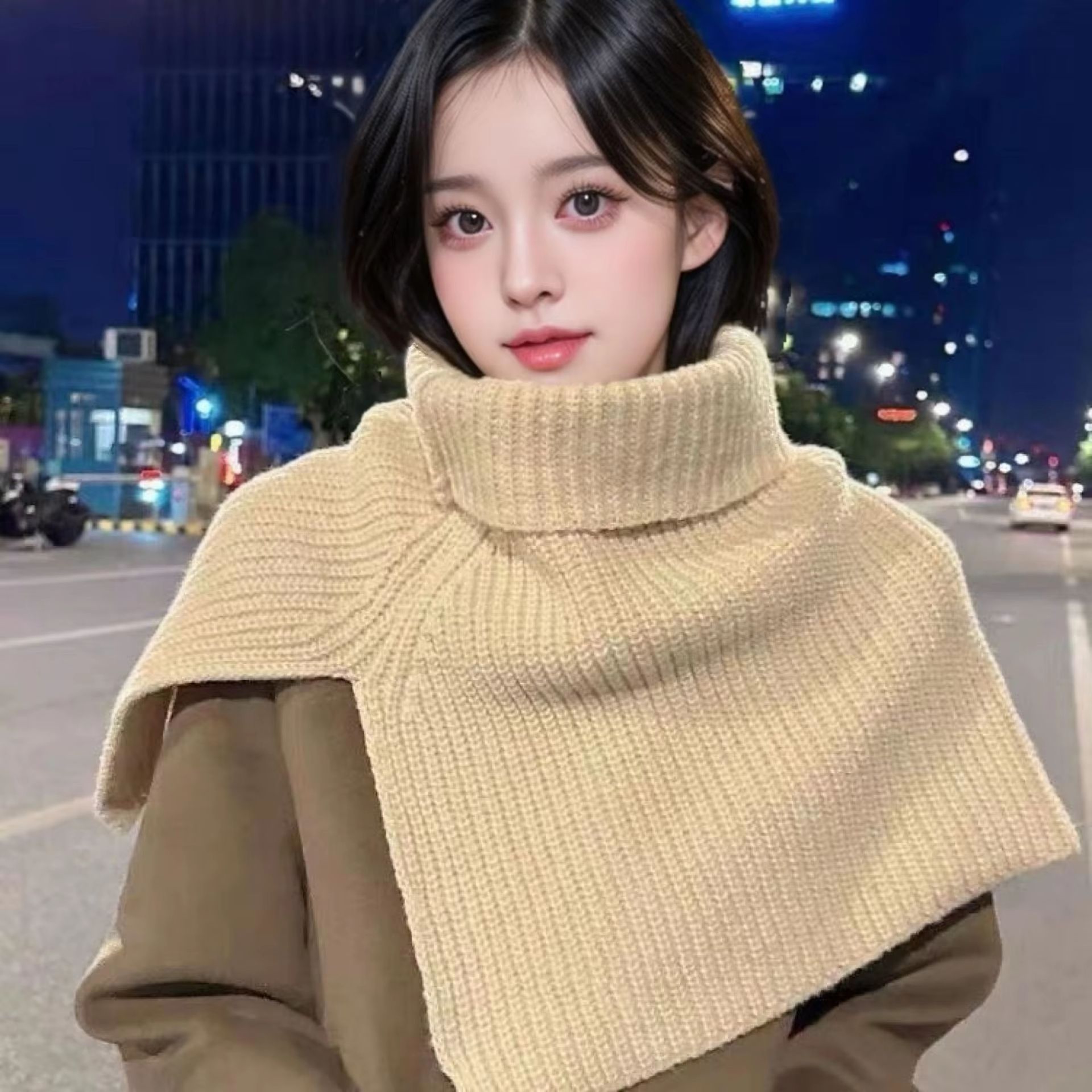 Knitted Winter Pullover Scarf Shawl  Warm False Collar Turtleneck With Slit For Cozy Layering 5