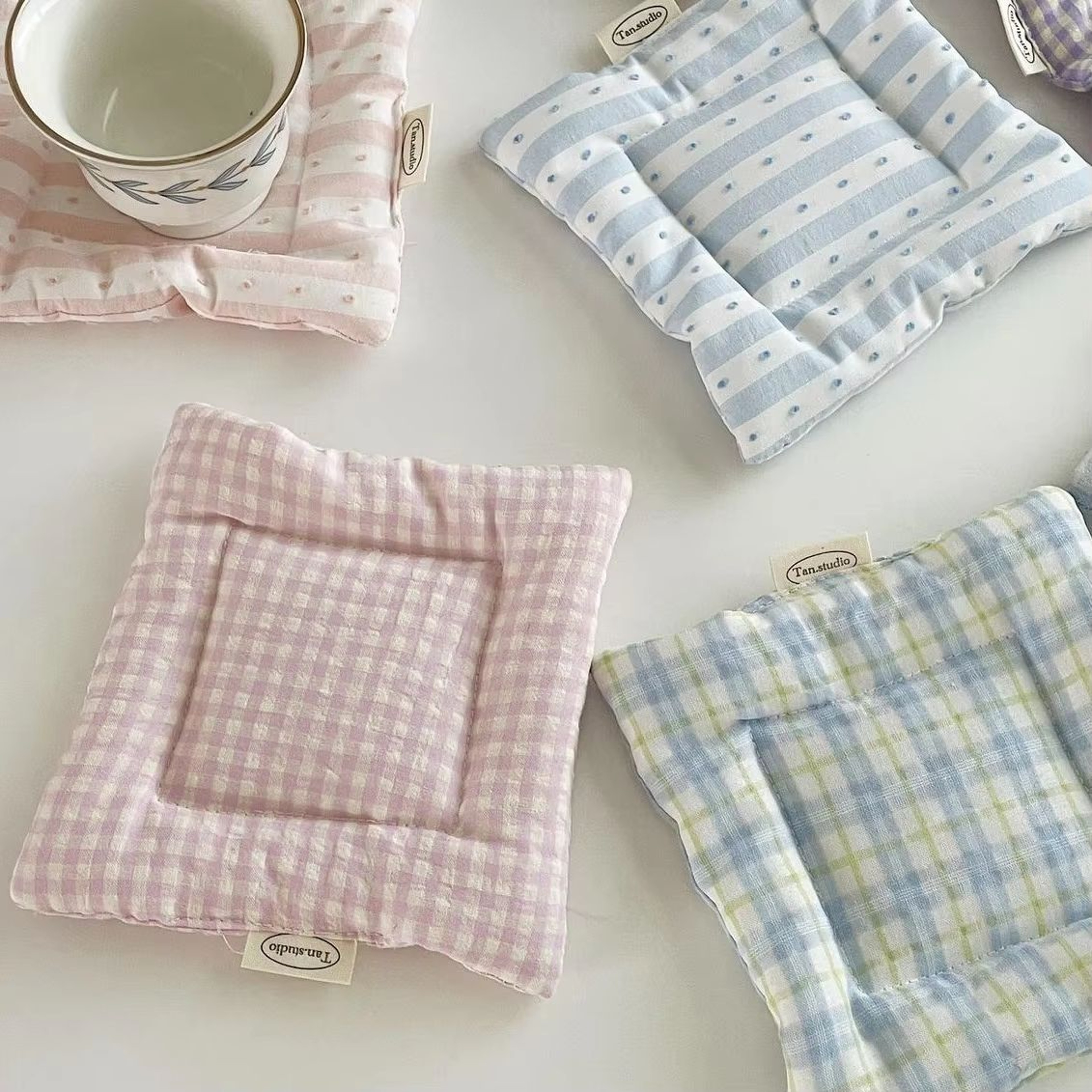 Korean Style HandMade Cotton Coaster Set  Checked Pattern Insulation Pad Table Mat For Home And Kit 2