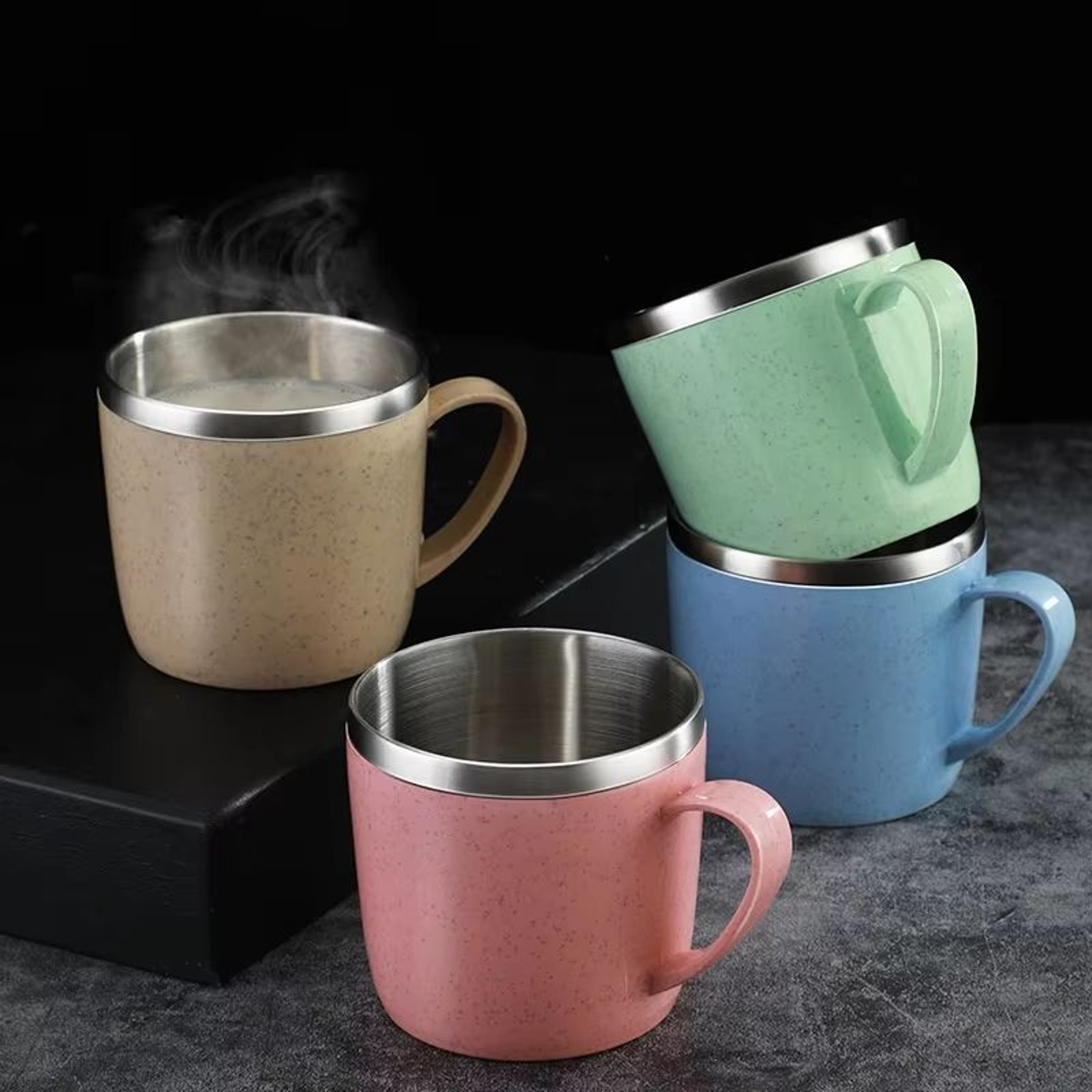 Simple Solid Color Stainless Steel Mug  Wheat Straw Element Small Water Cup AntiScalding Childrens  0